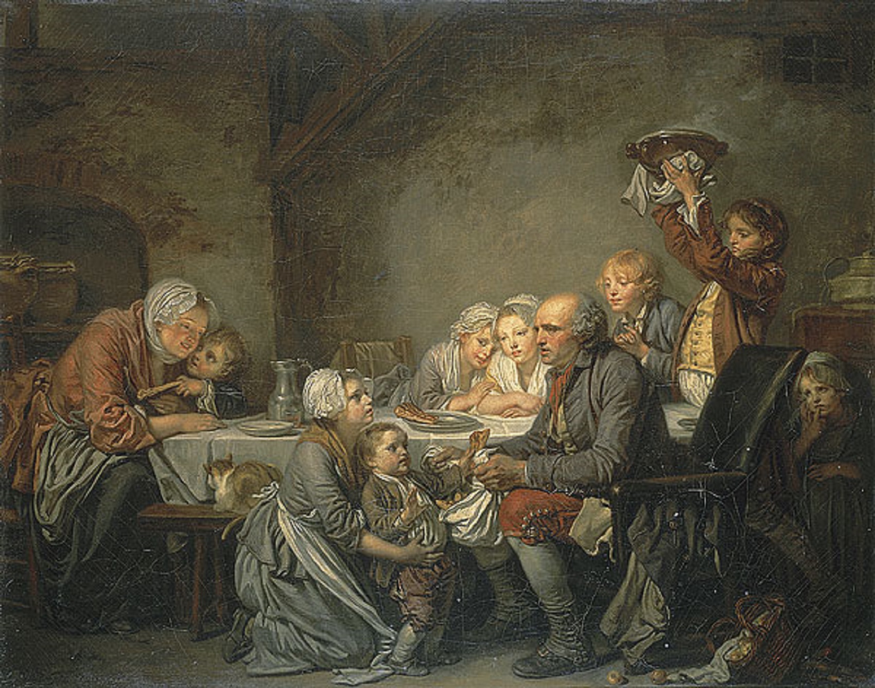 Tableau de Jean-Baptiste Greuze peint en 1774 : Le gâteau des rois. Représentation d'une famille de paysans aisés au XVIIIe siècle.&nbsp;© Musée Fabre, Montpellier.