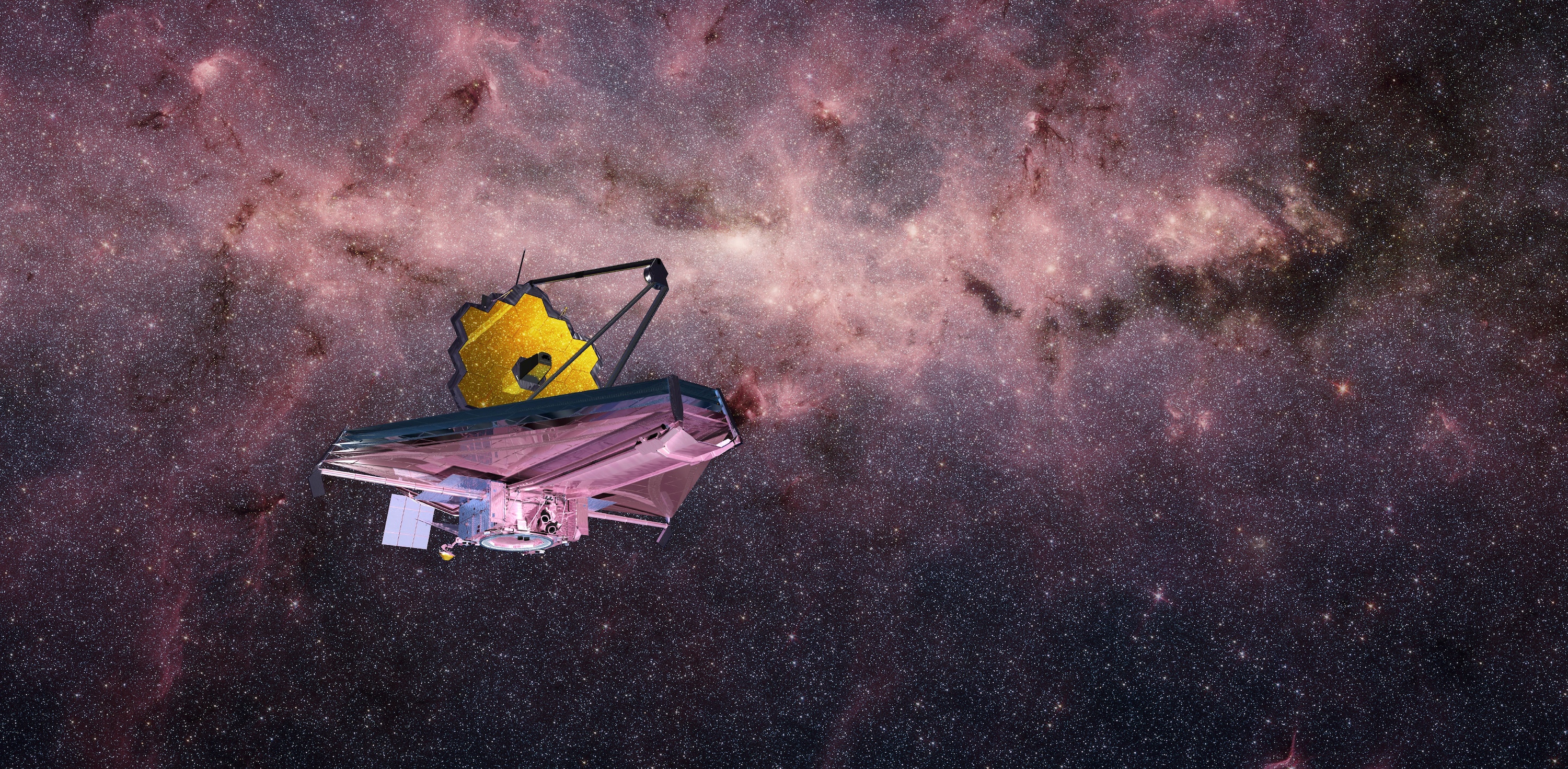 Illustration du télescope spatial James-Webb devant les nébulosités de la Voie lactée. © 24K-Production, Adobe Stock