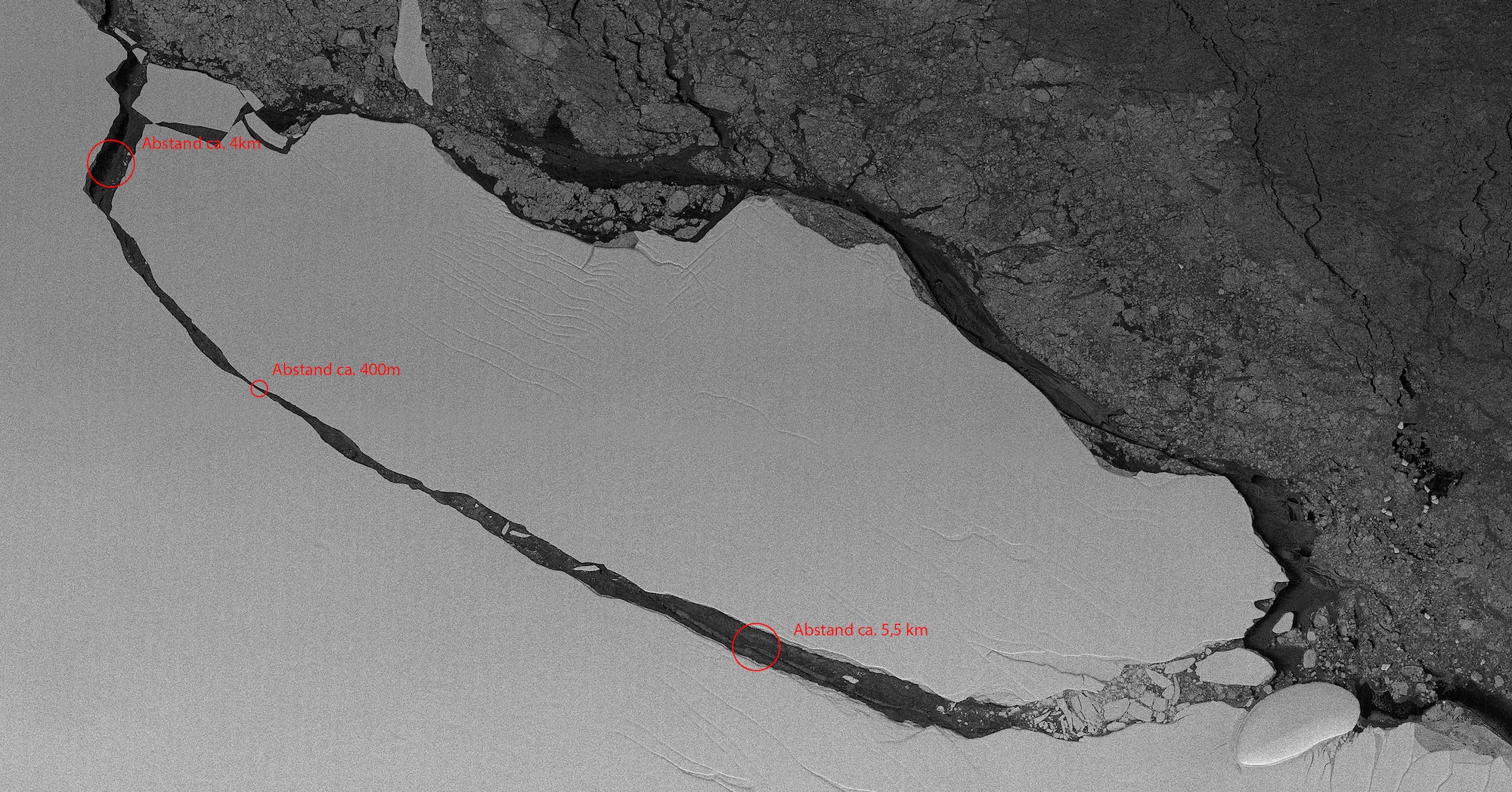 L’iceberg géant A-68, le 22 juillet 2017, quelques jours après sa séparation avec Larsen C. © DLR