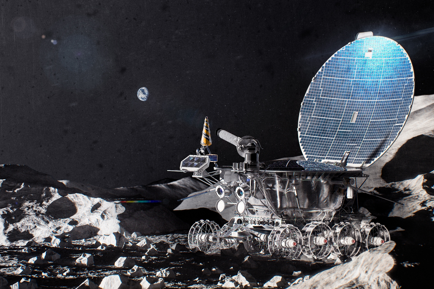 Une vue d'artiste de Lunokhod 1, un robot soviétique qui roula sur la Lune pendant 11 mois. Il se composait de deux parties principales : un boîtier scellé avec des équipements scientifiques et de service et un châssis. Il avait la forme d'une « casserole » d'un diamètre d'environ 2 mètres, recouverte d'une sorte couvercle portant des cellules solaire. © Alexey Ryabov, CC by-sa 4.0, Wikipedia