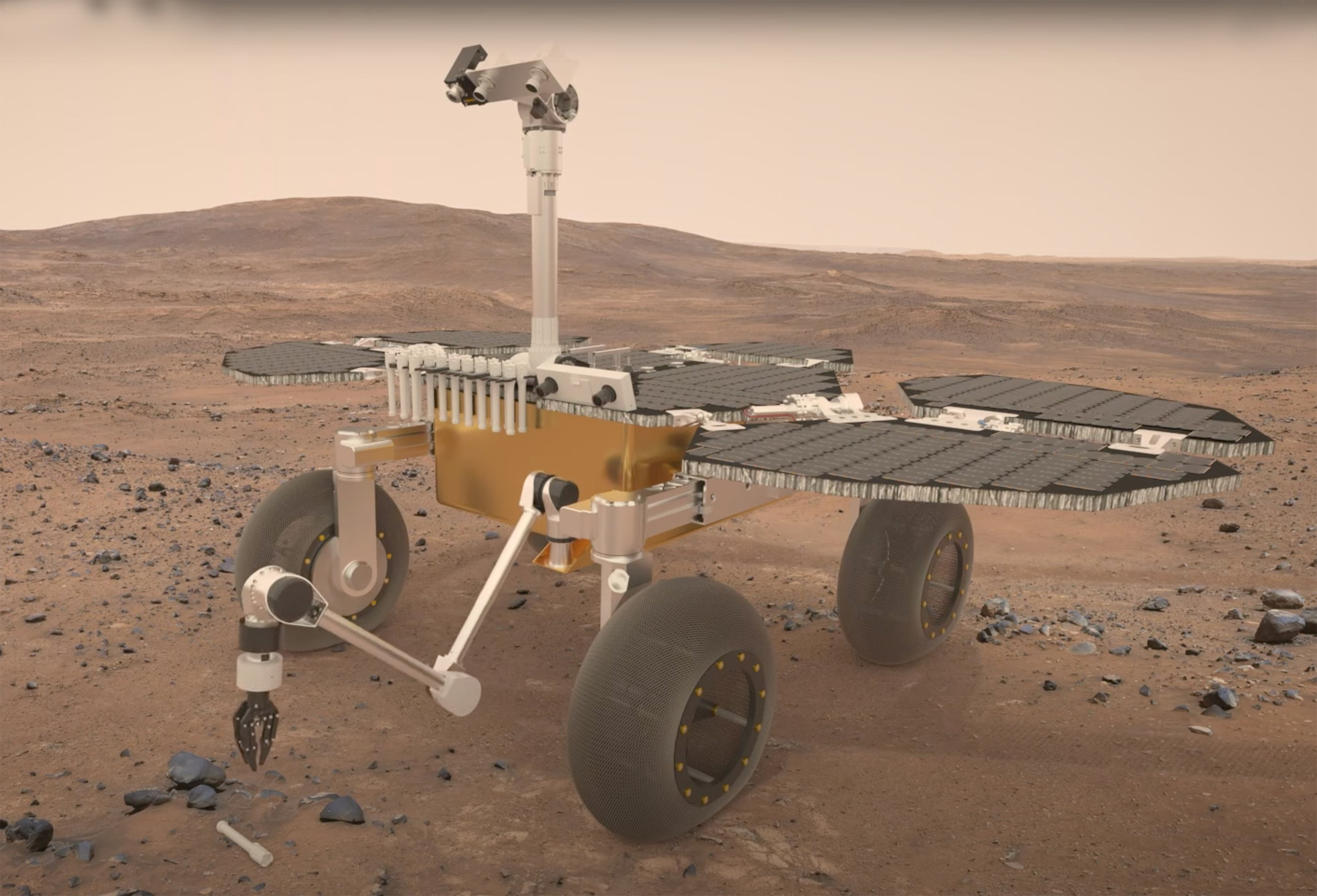Vue d'artiste du Fetch rover de la mission de retour d'échantillons martiens de la Nasa et de l'ESA. Ce rover, réalisé par Airbus, aura pour unique tâche la récupération des échantillons de la Planète rouge collectés par Perseverance qui les aura logés dans des petits tubes en métal et déposés sur la surface de Mars. © ESA