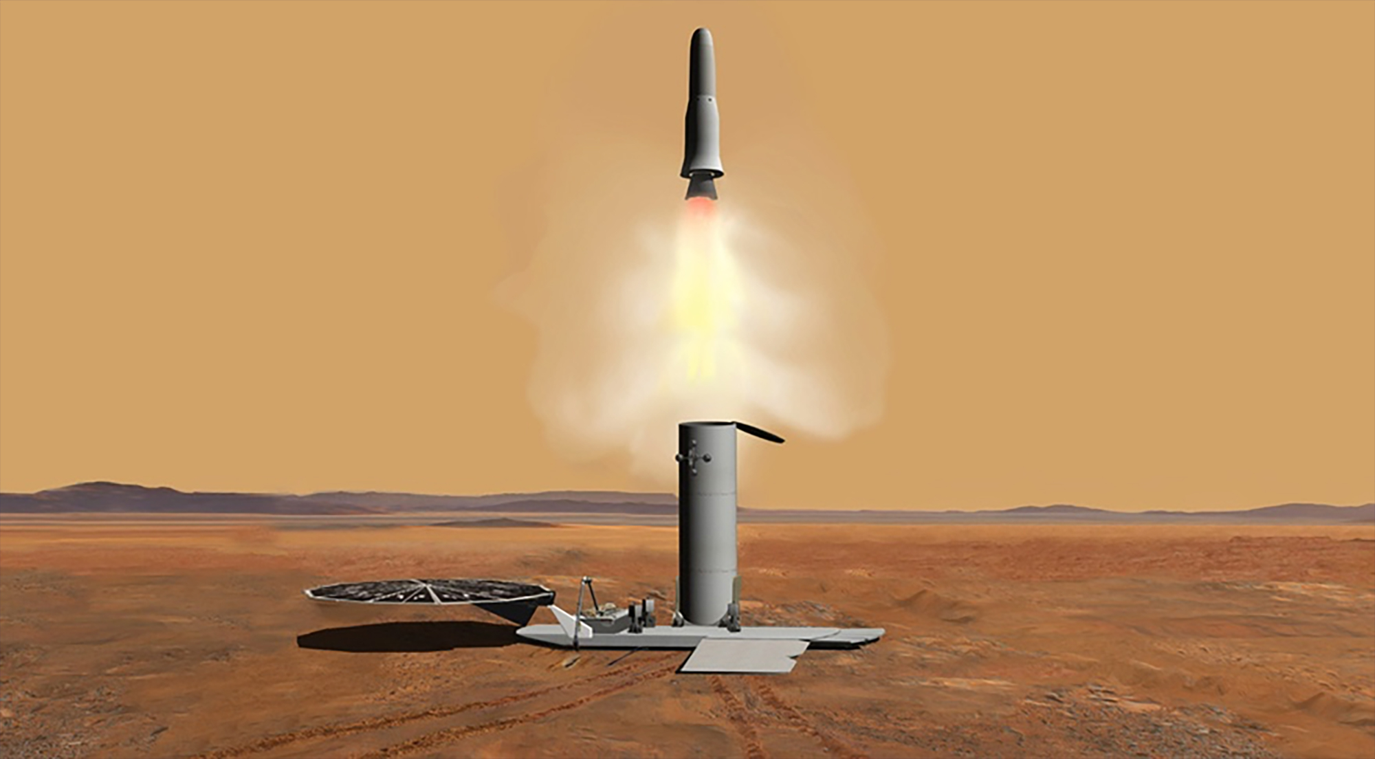 Étude conceptuelle d'un véhicule d'ascension martien (MAV) réalisée dans le cadre d'une mission de retour d'échantillons martiens. © Nasa, JPL-Caltech