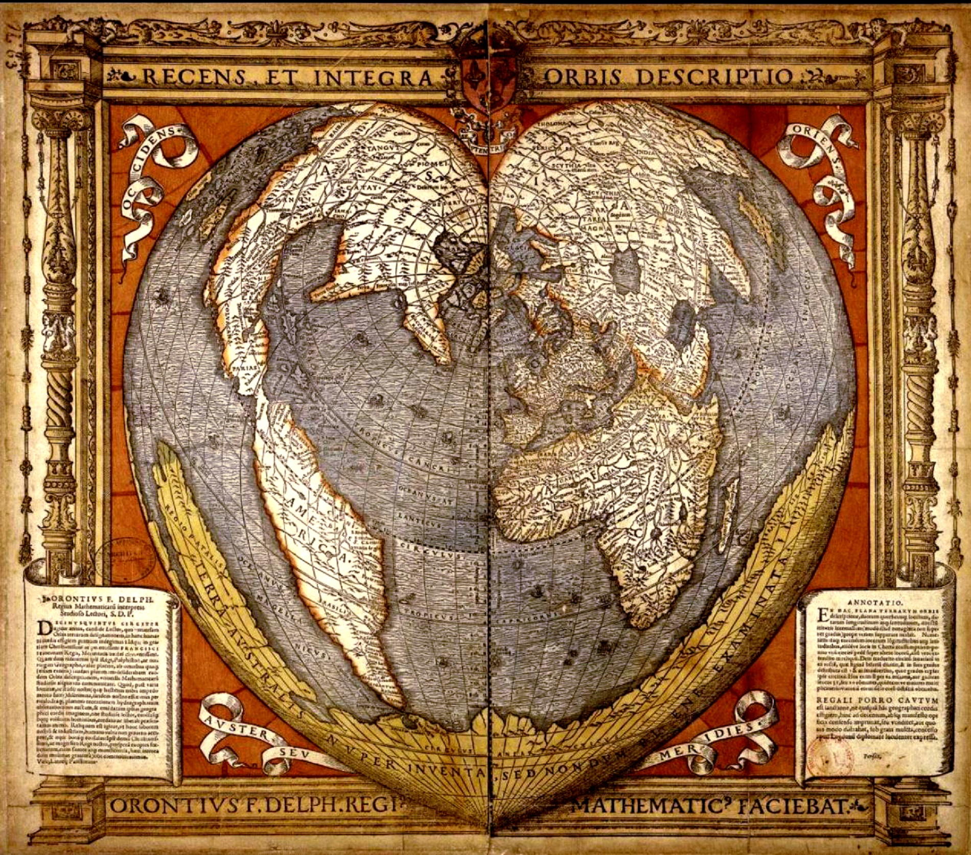 Mappemonde en forme de cœur montrant l'étendue supposée de la Terre Australe inconnue ; carte gravée sur bois et aquarellée, par Oronce Fine en 1536.&nbsp;© Bibliothèque nationale de France, domaine public.