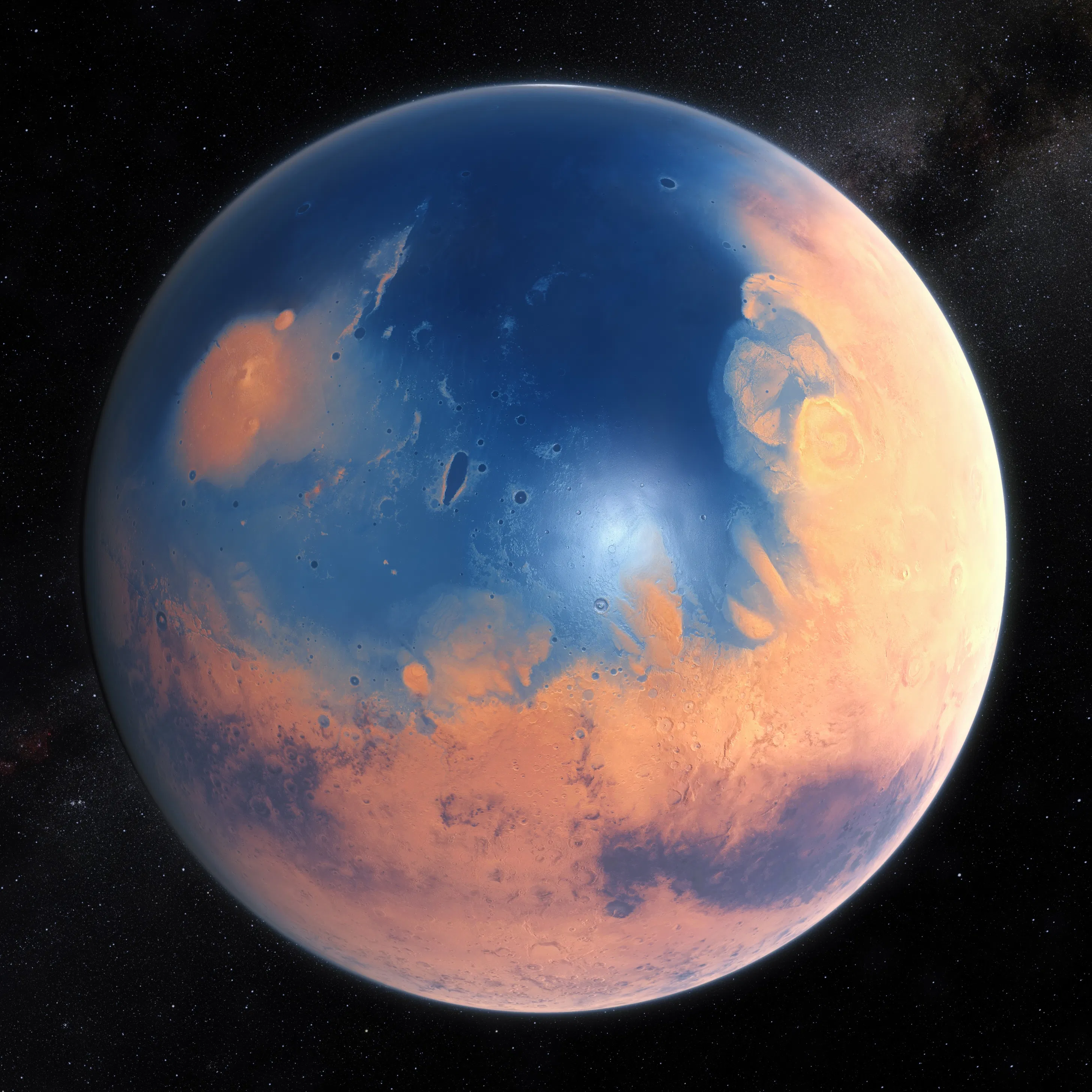 Cette impression d'artiste montre à quoi ressemblait Mars il y a environ 4 milliards d’années. La jeune Planète rouge aurait eu suffisamment d'eau pour couvrir toute sa surface d'une couche liquide d'environ 140 mètres de profondeur, mais il est plus probable que cette eau se serait accumulée pour former un océan occupant près de la moitié de l'hémisphère nord de Mars, atteignant dans certaines régions des profondeurs supérieures à 1,6 kilomètre. © ESO, M. Kornmesser, N. Risingerde