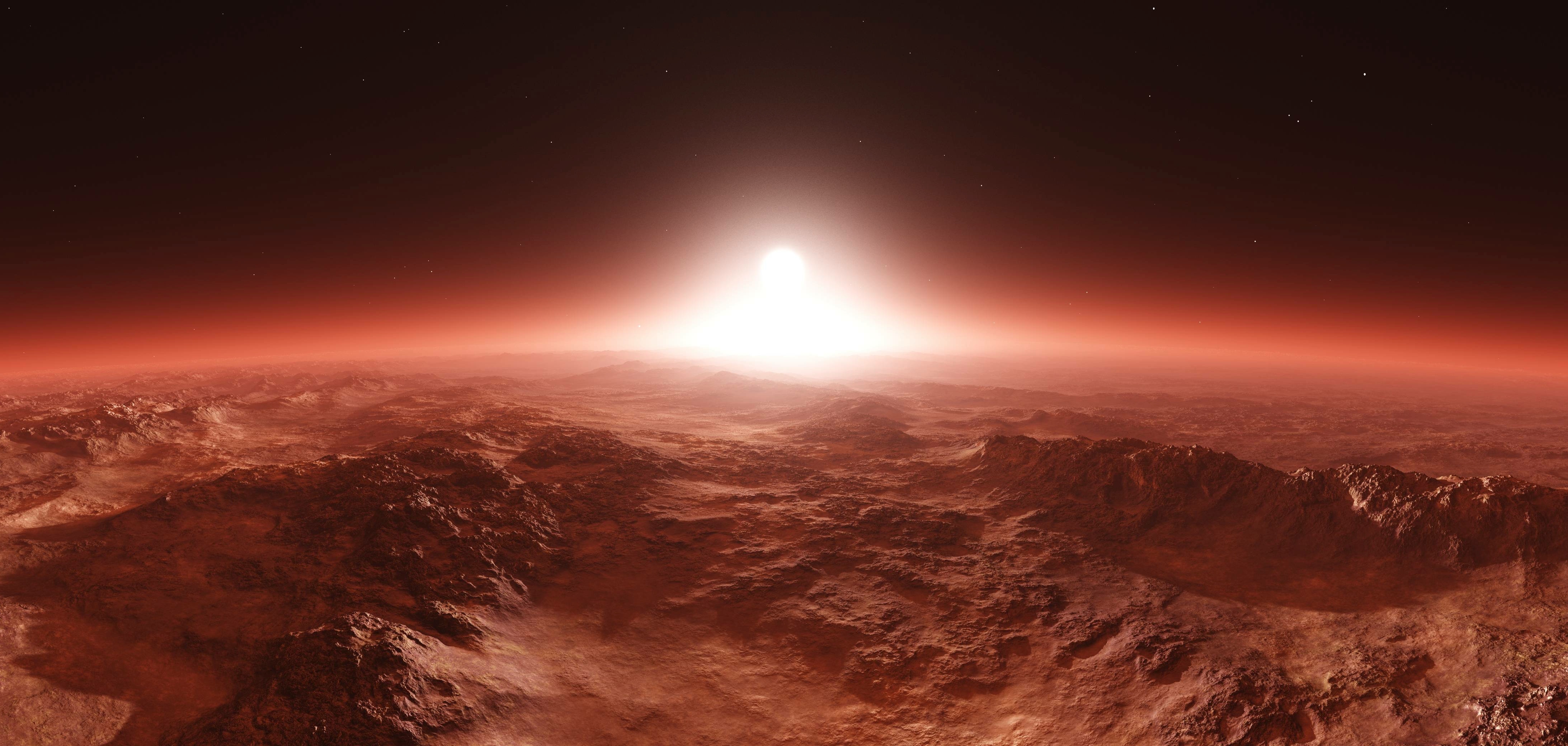 Illustration. Lever de Soleil au-dessus de Mars. © ustas, Adobe Stock