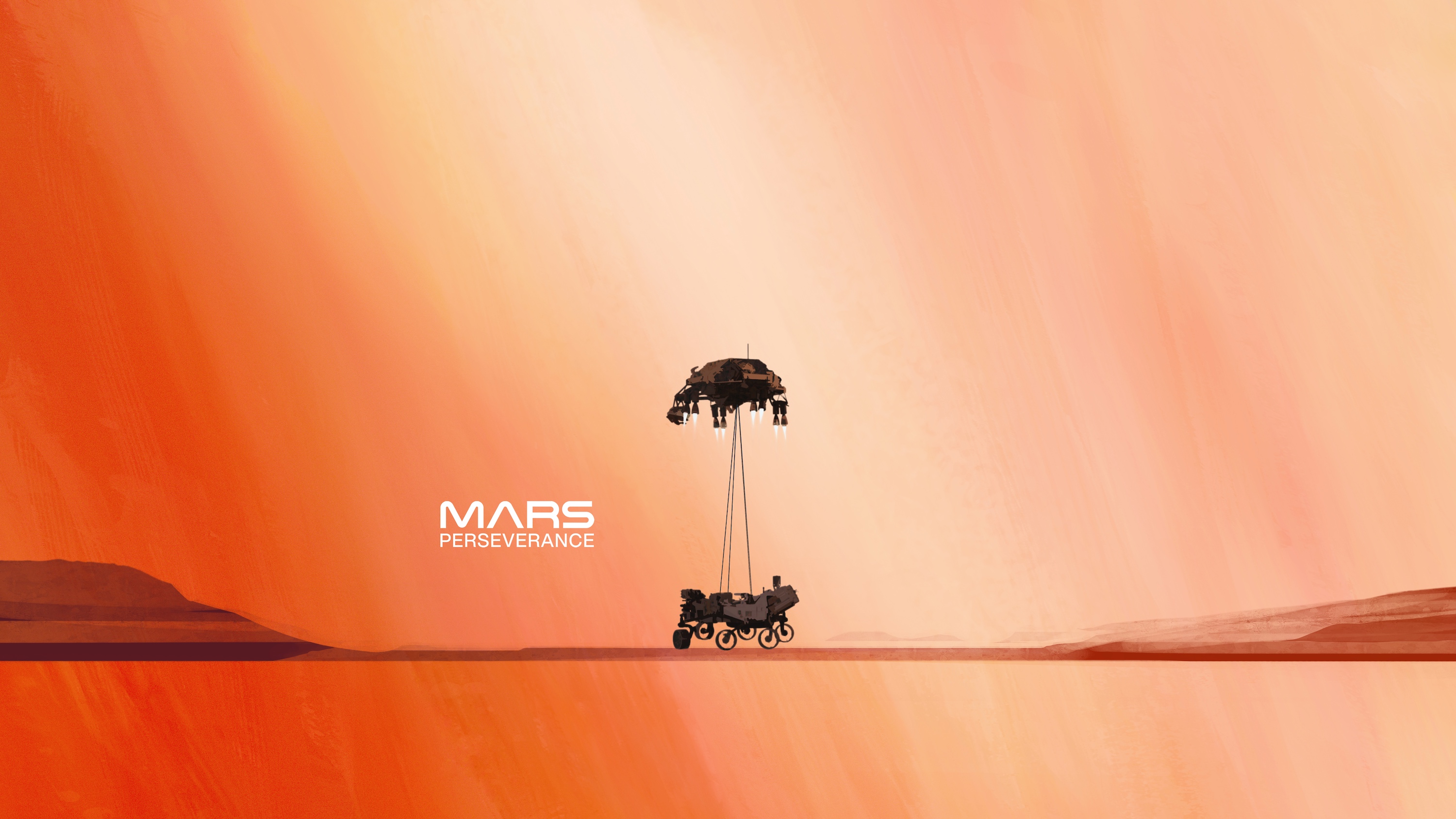 Affiche montrant le SkyCrane débarquant Perseverance sur Mars. © Nasa