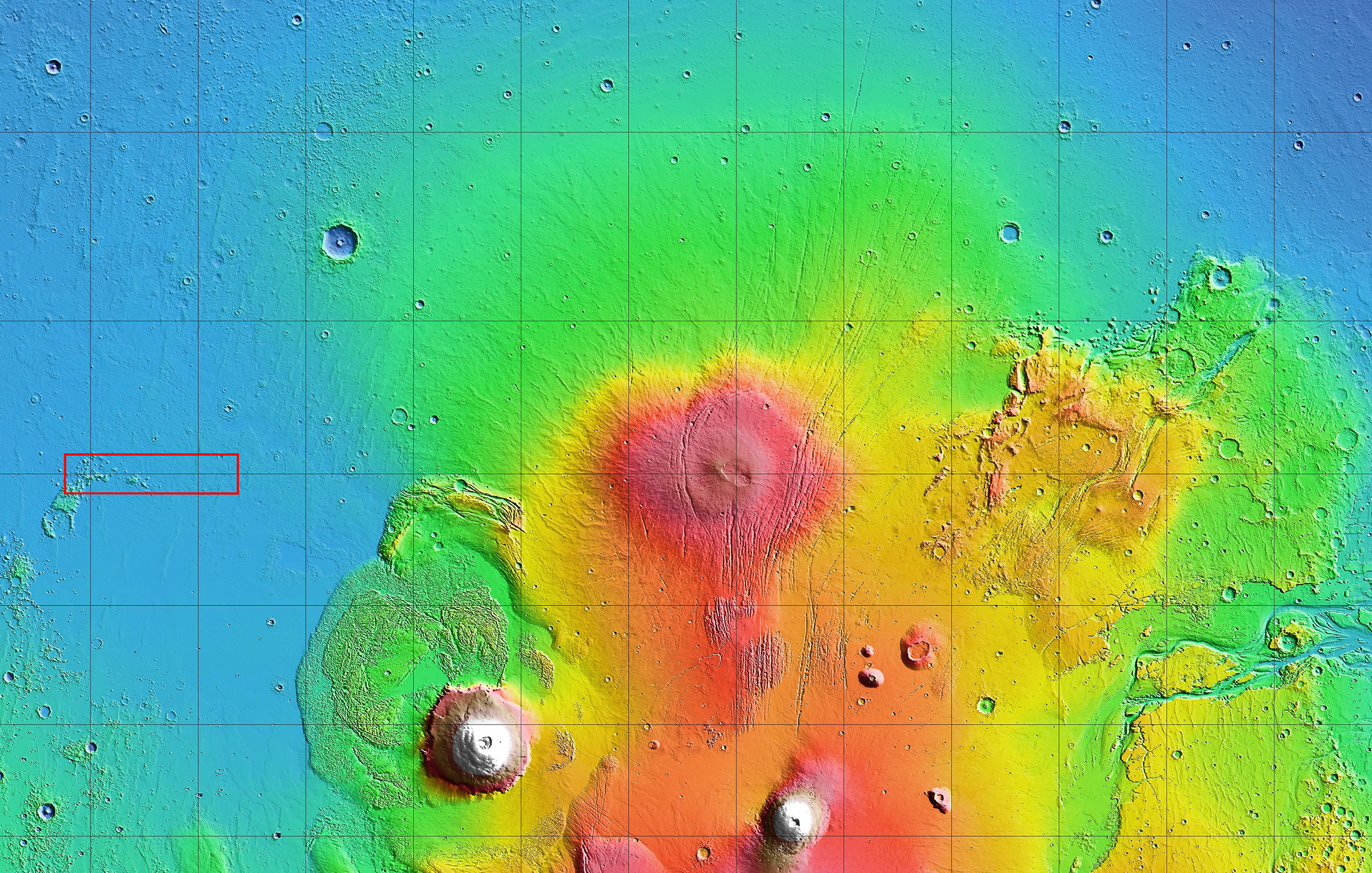 Le rectangle rouge représente la zone à l'intérieur de laquelle la Nasa et SpaceX ont identifié plusieurs sites d'atterrissage potentiels pour le Starship. © Nasa, Mola Science Team