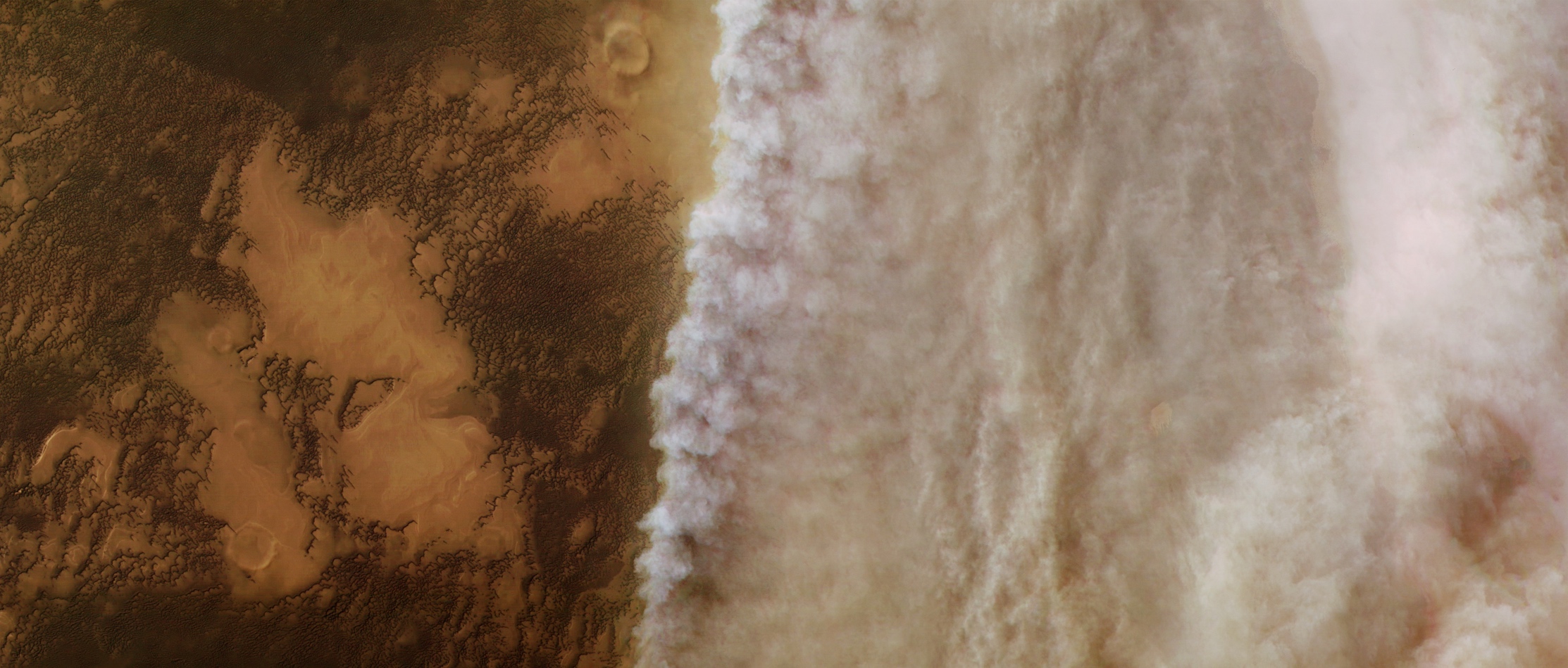 Tempête de poussière aux portes de la calotte polaire nord de Mars. Photo prise par Mars Express en avril 2018. © ESA, DLR/FU Berlin, CC by-sa 3.0 IGO