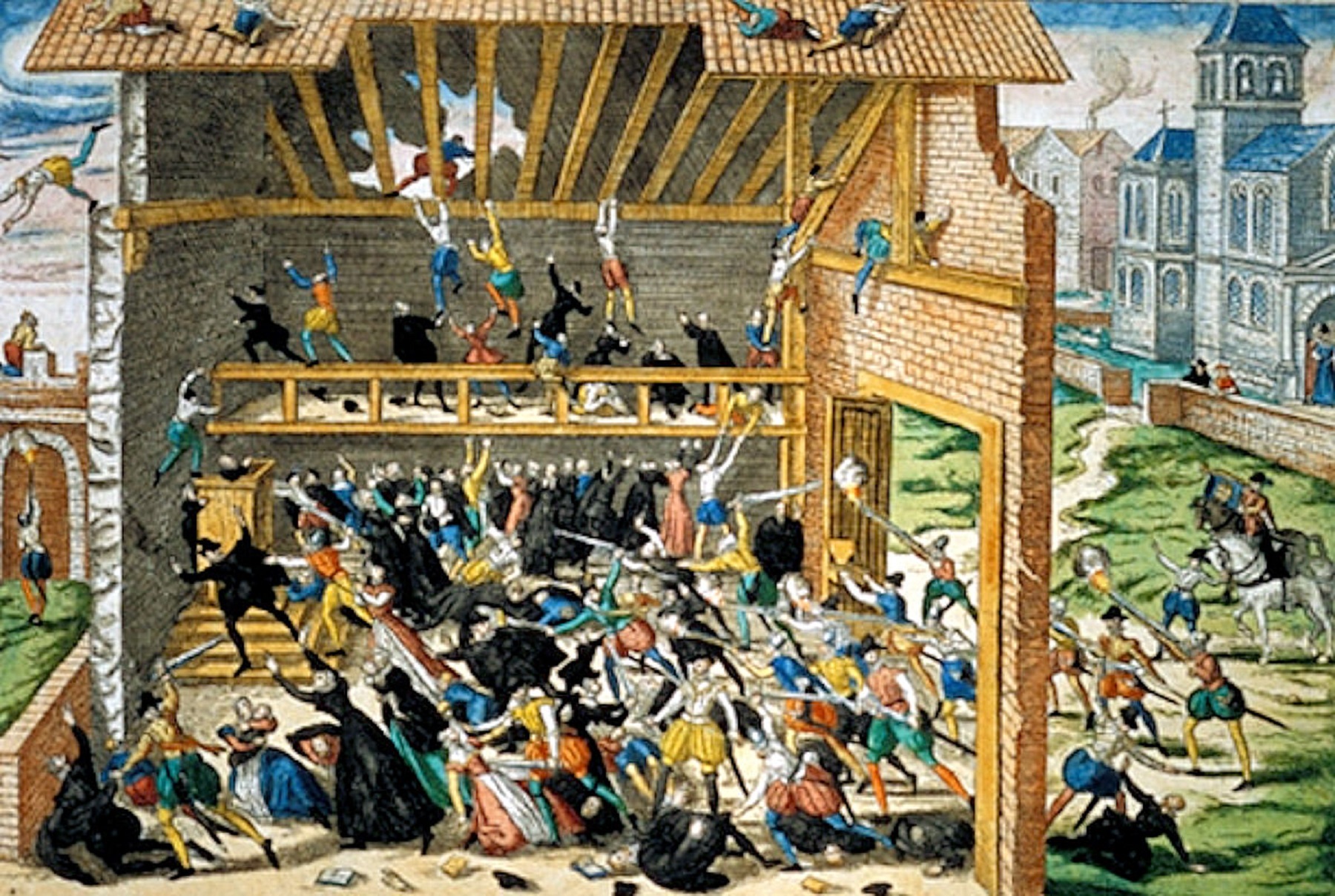 Tableau représentant le&nbsp;massacre de Wassy, en&nbsp;mars 1562, peint par Franz Hogenberg, fin XVIe siècle.&nbsp;Le massacre de Wassy se déroule après l'édit de janvier 1562, par lequel le roi autorise&nbsp;les protestants à se rassembler à l'extérieur des villes pour y célébrer leur culte. L'assemblée se tient dans la ville, elle est attaquée par l'escorte&nbsp;armée du duc François de Guise. ©&nbsp;Wikimedia Commons, domaine public.