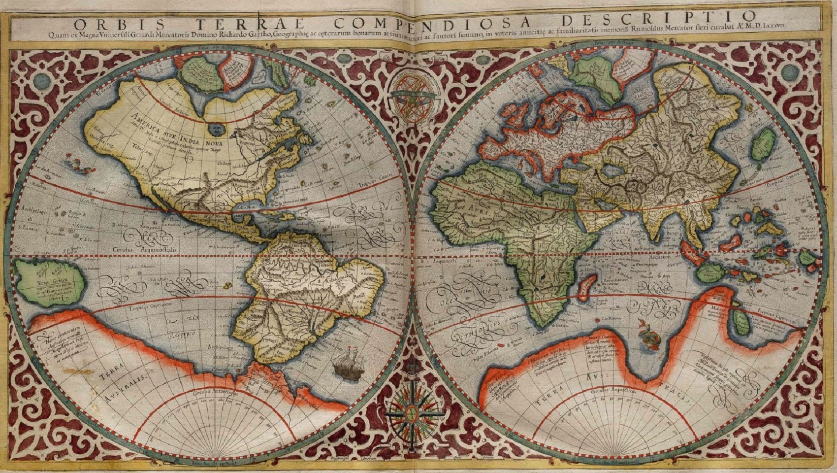 Planisphère de Mercator daté de 1587&nbsp;© Wikimedia commons, domaine public.