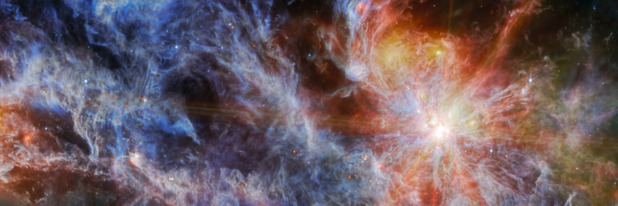 Cette image du télescope spatial James-Webb présente une région H II dans le Grand Nuage de Magellan (LMC), une galaxie satellite de notre Voie lactée. Cette nébuleuse, connue sous le nom de N79, est une région d’hydrogène atomique interstellaire ionisée, capturée ici par l’instrument Mid-InfraRed de Webb (Miri). © ESA, Webb, Nasa &amp; CSA, O. Nayak, M. Meixner