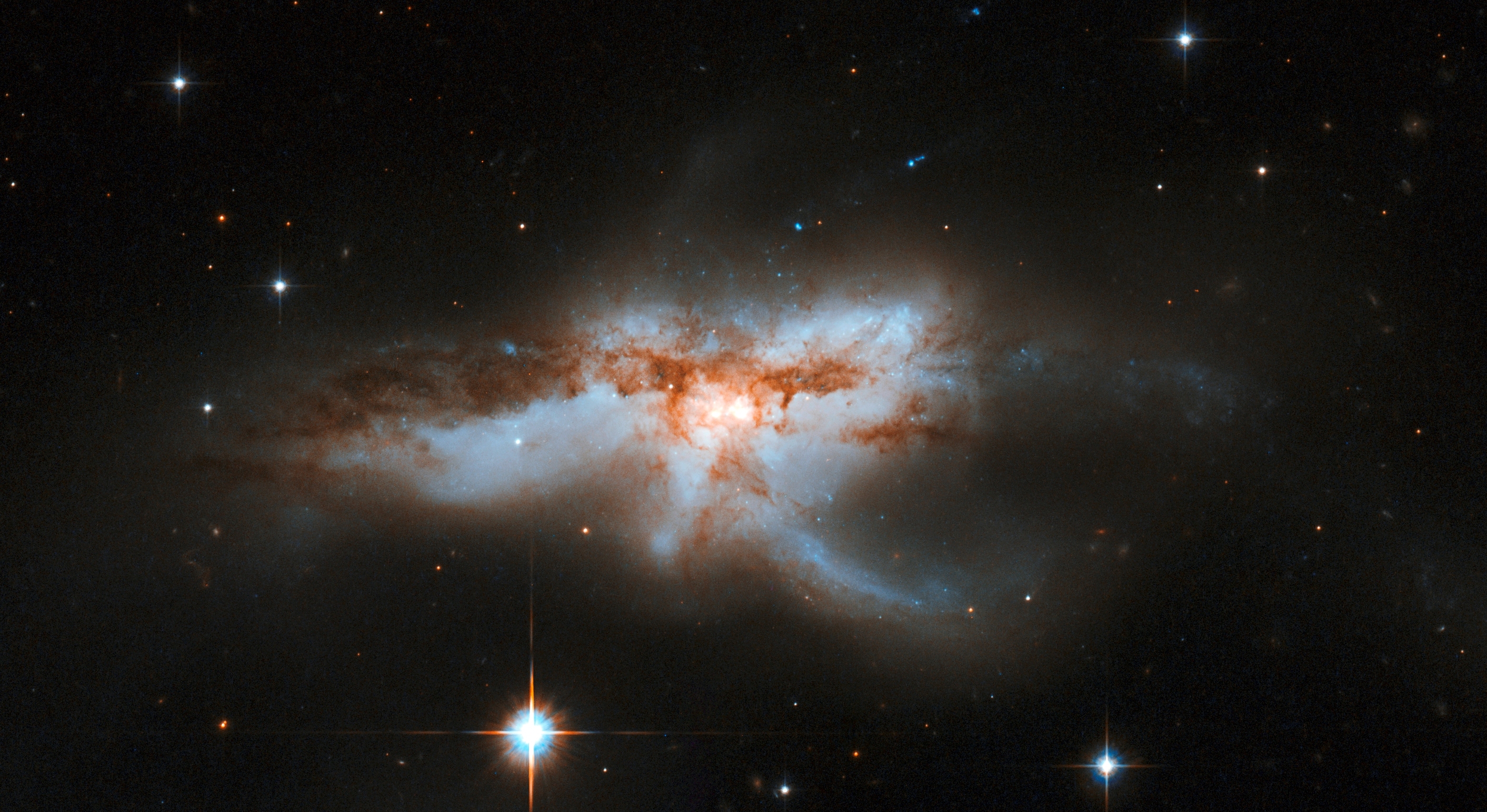 NGC 6240 est une galaxie irrégulière, en forme de papillon ou de homard, composée de deux plus petites galaxies. Le processus de fusion, qui a débuté il y a environ 30 millions d'années, a déclenché une formation spectaculaire d'étoiles et de nombreuses explosions de supernova. La fusion sera complète dans quelques dizaines à quelques centaines de millions d'années. © Nasa, ESA, the Hubble Heritage (STScI-Aura)-ESA-Hubble Collaboration, et A. Evans (University of Virginia, Charlottesville-NRAO-Stony Brook University) 