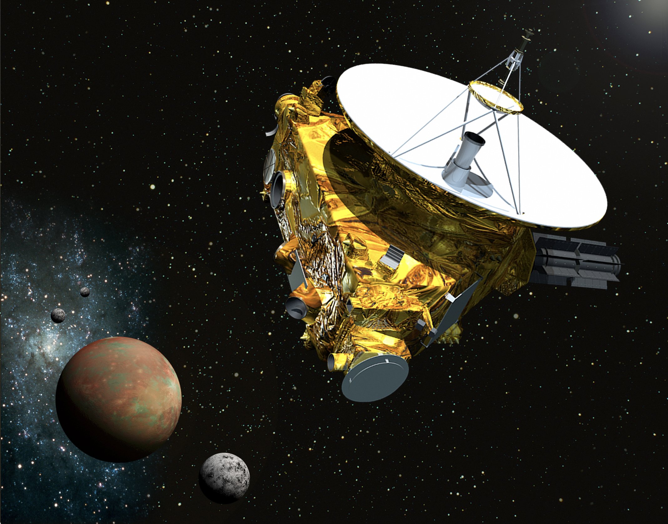 La petite sonde New Horizons (moins de 500 kg, ici en vue d'artiste à côté de Pluton et de Charon) est partie en 2006. Elle n'est qu'à huit jours de son survol historique, le 14 juillet prochain. © Nasa, JPL