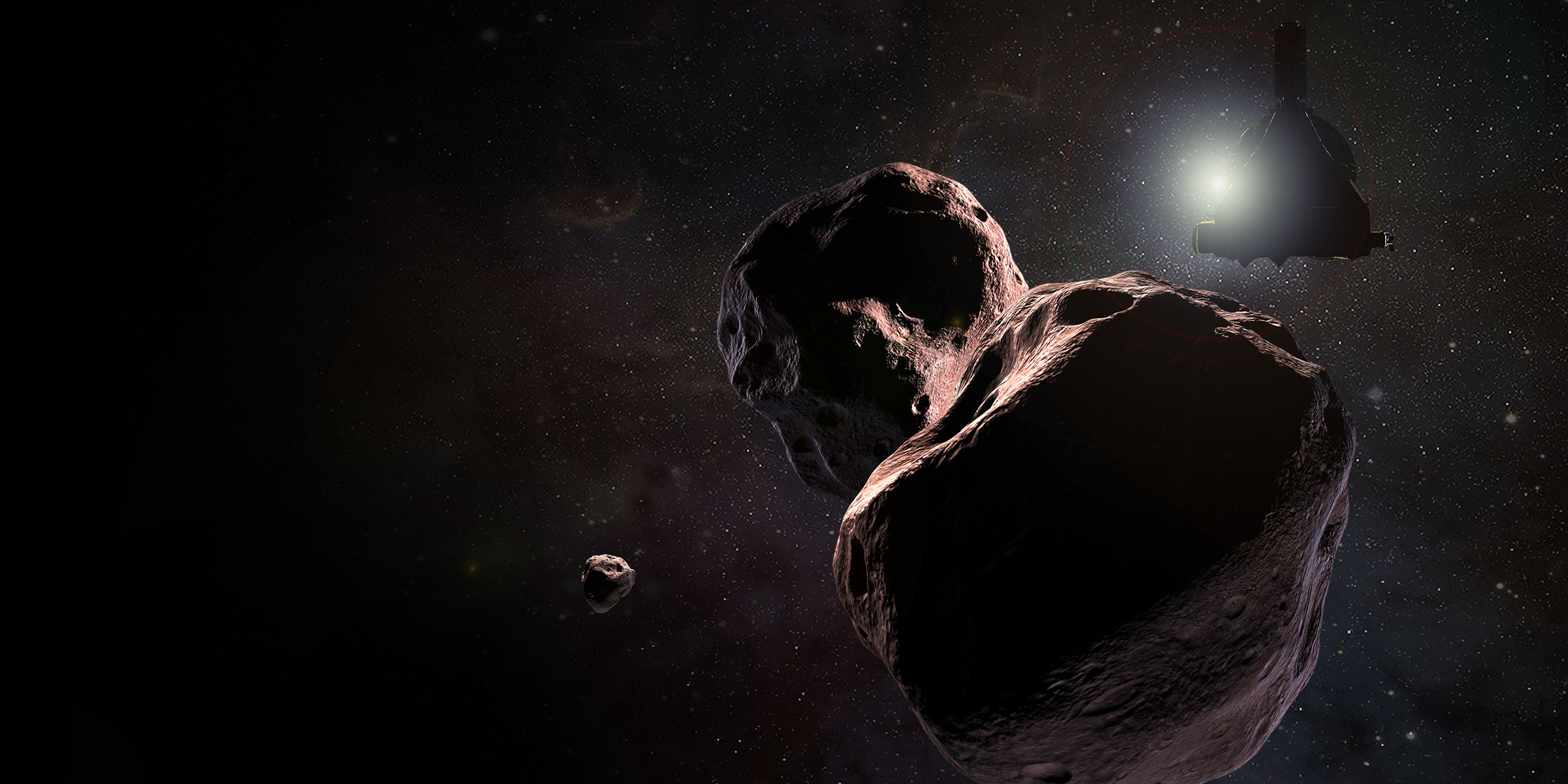Illustration montrant 2014 MU69 sous forme binaire et accompagné d'une lune. ©&nbsp;Nasa, JHUAPL, SwRI, Steve Gribben