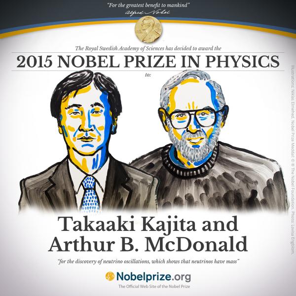 Takaaki Kajita et Arthur B. McDonald viennent d'être récompensés par le prix Nobel de physique 2015. © Comité Nobel