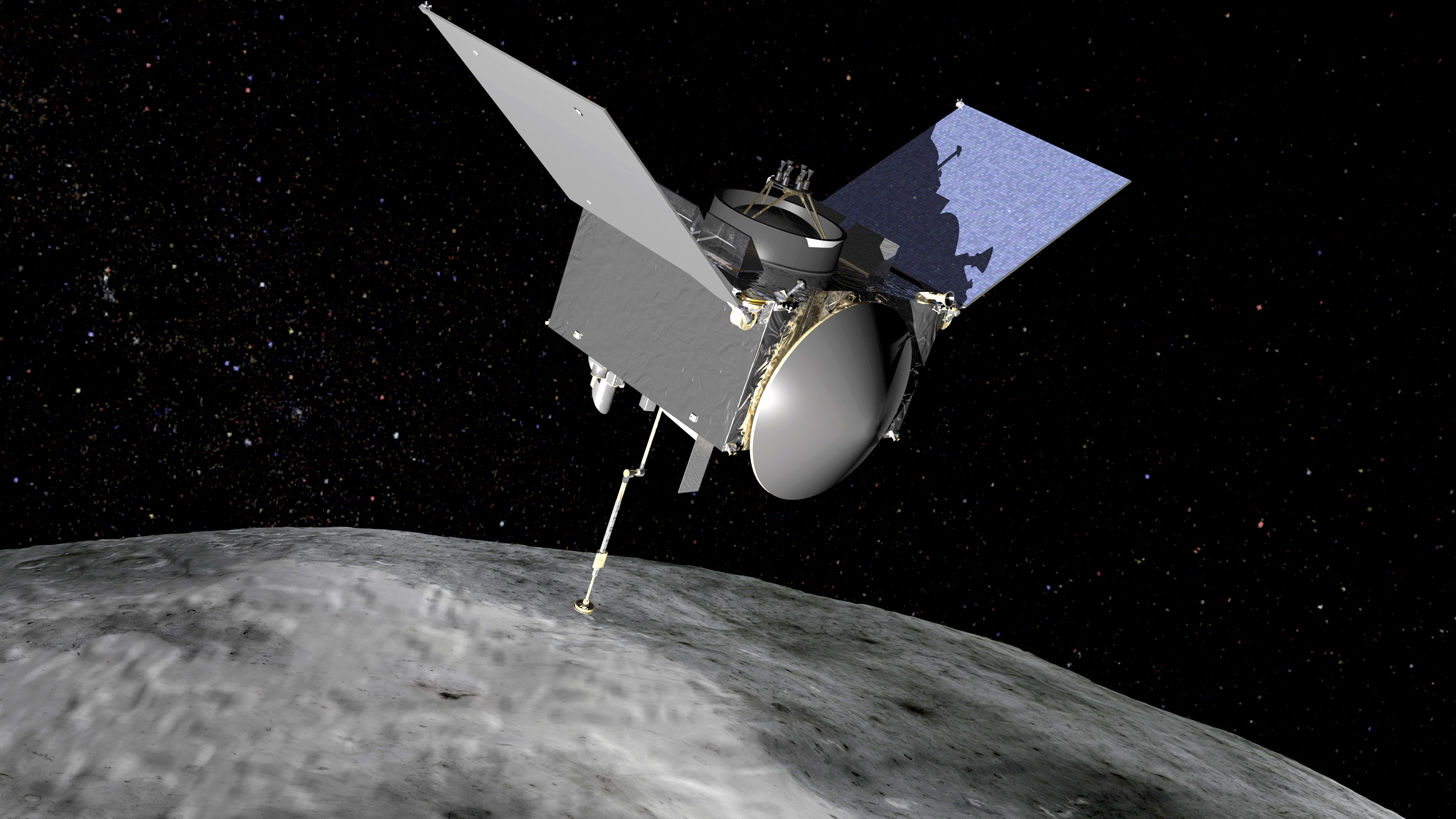 Osiris-Rex est la première mission américaine de retour d’échantillons d’un astéroïde. Cette sonde a été construite par la société Lockheed-Martin. La capsule qui rapportera les échantillons prélevés sur la surface de l’astéroïde Bennu se trouve au centre de l’image (elle est de couleur blanche). Elle ne doit pas être confondue avec l’antenne à grand gain, de même forme, mais plus grande, et qui servira à communiquer avec la Terre (visible à droite sur l’image). © Nasa