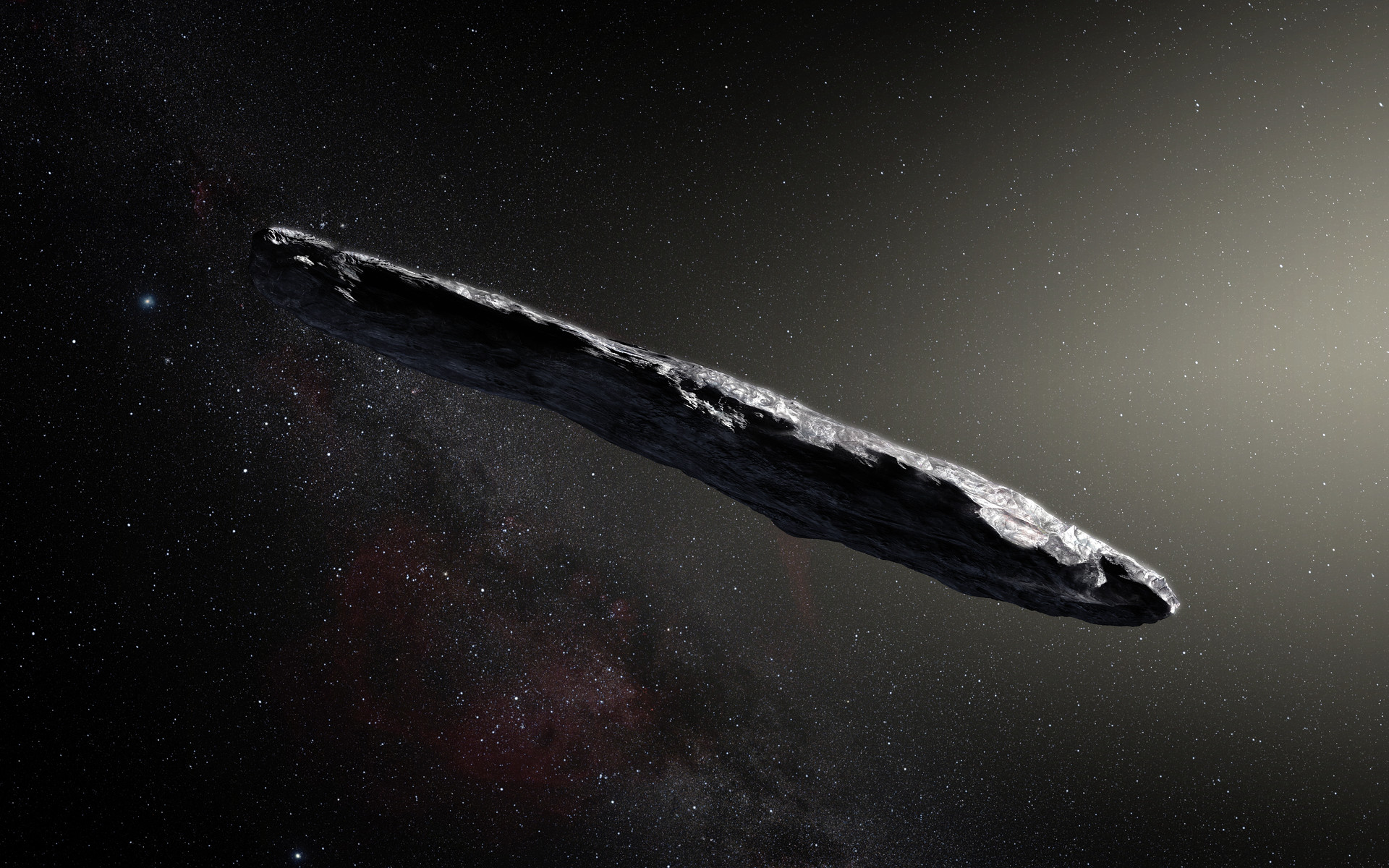 Illustration du premier astéroïde interstellaire jamais découvert, ʻOumuamua. © ESO, M. Kornmesser