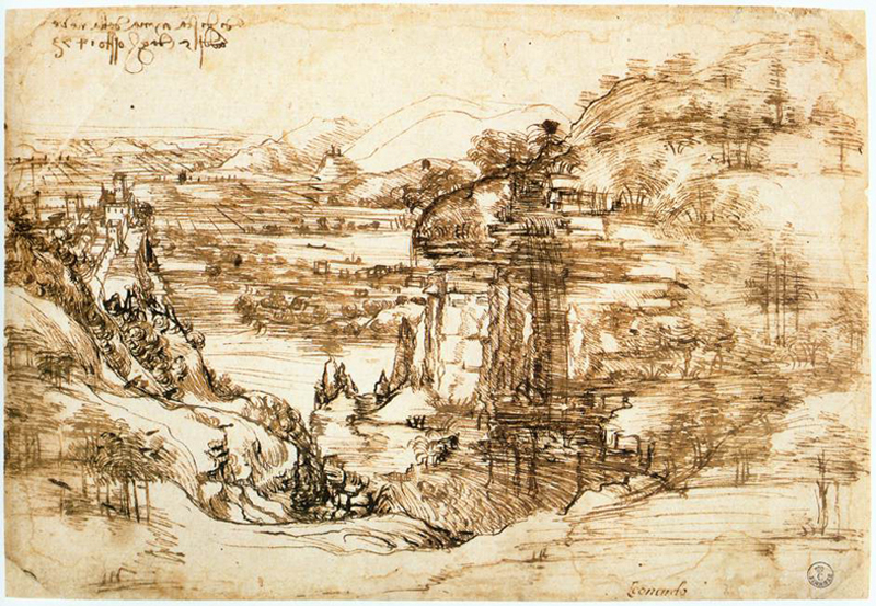  Le paysage de la vallée de l'Arno ou Le paysage (Il Paesaggio) est un dessin de Léonard de Vinci daté de 1473, conservé à la Galerie des Offices de Florence. © DP