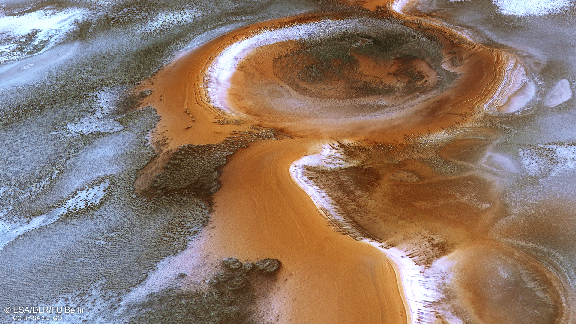 Vue en perspective de deux cratères de l'hémisphère sud de Mars en cours de transformation au cours de l'été. © ESA, DLR, FU Berlin, CC by-sa 3.0 IGO