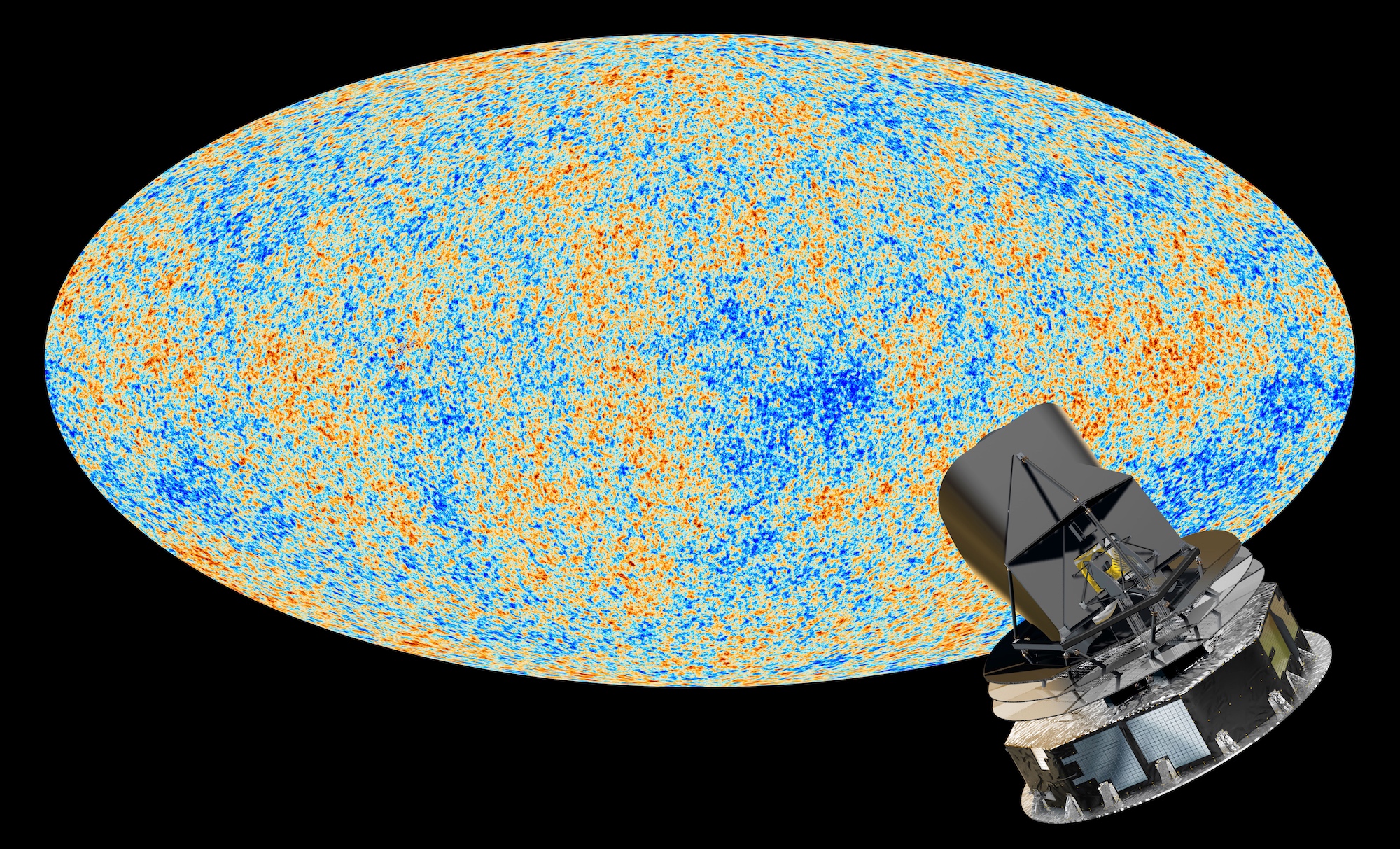 Le satellite Planck, mission à laquelle a participé Hervé Dole, devant le fond diffus cosmologique, émis 370.000 ans environ après le Big Bang. © Nasa, ESA