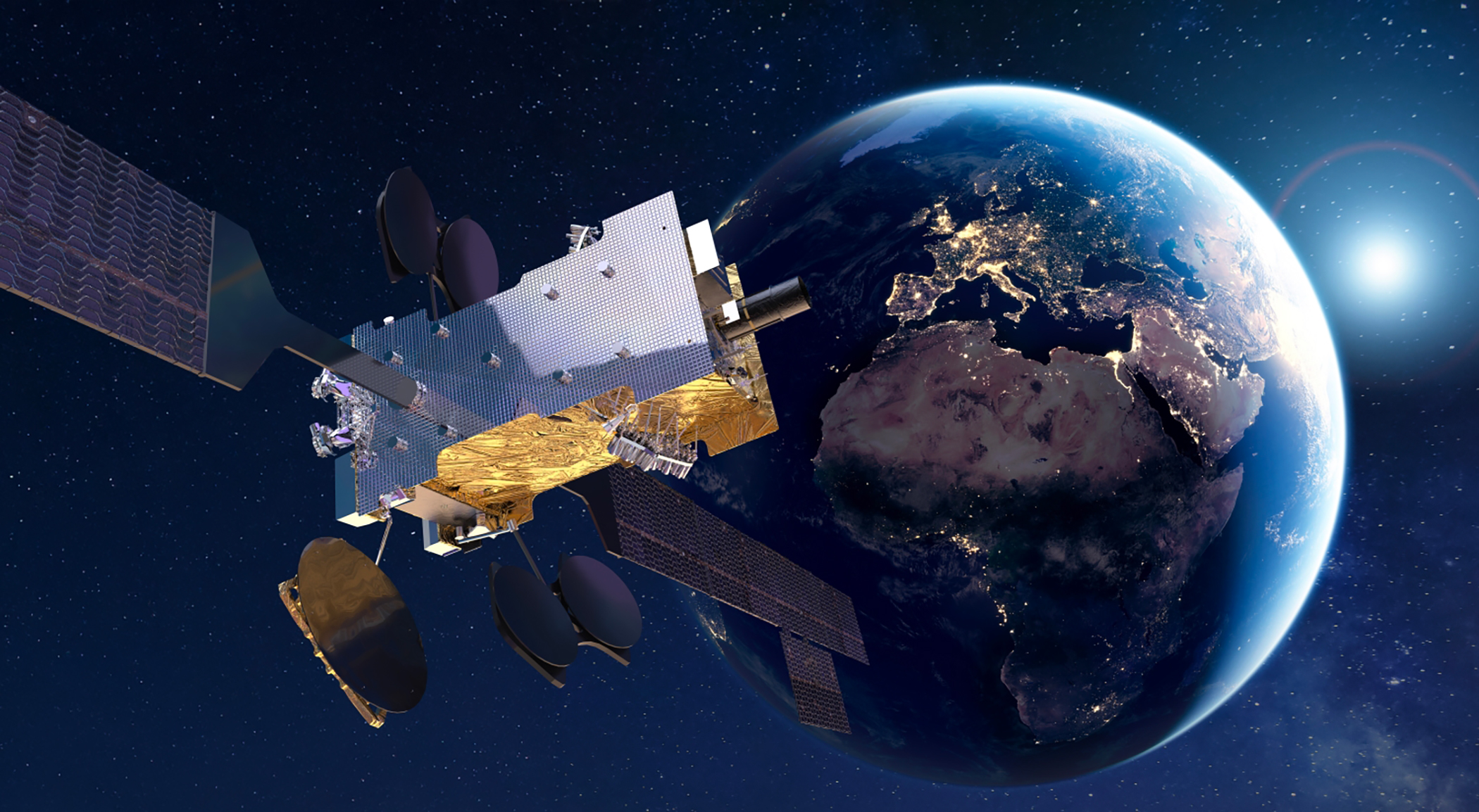 Vue d'artiste du satellite d'Hispasat embarquant la première capacité mondiale d'un système de distribution quantique de clés depuis l’orbite géostationnaire. © Thales Alenia Space