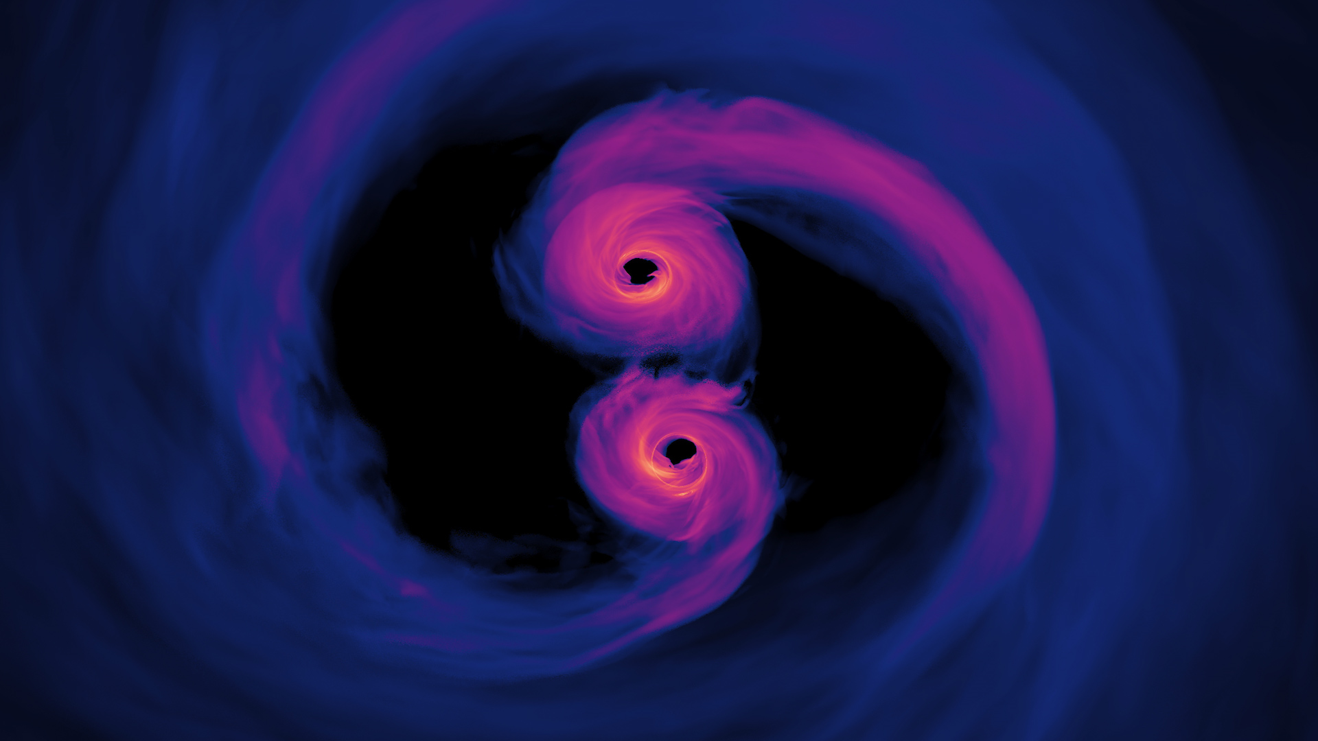 Simulation « mettant en lumière » les trous noirs supermassifs en spirale. © Goddard Space Flight Center, Nasa