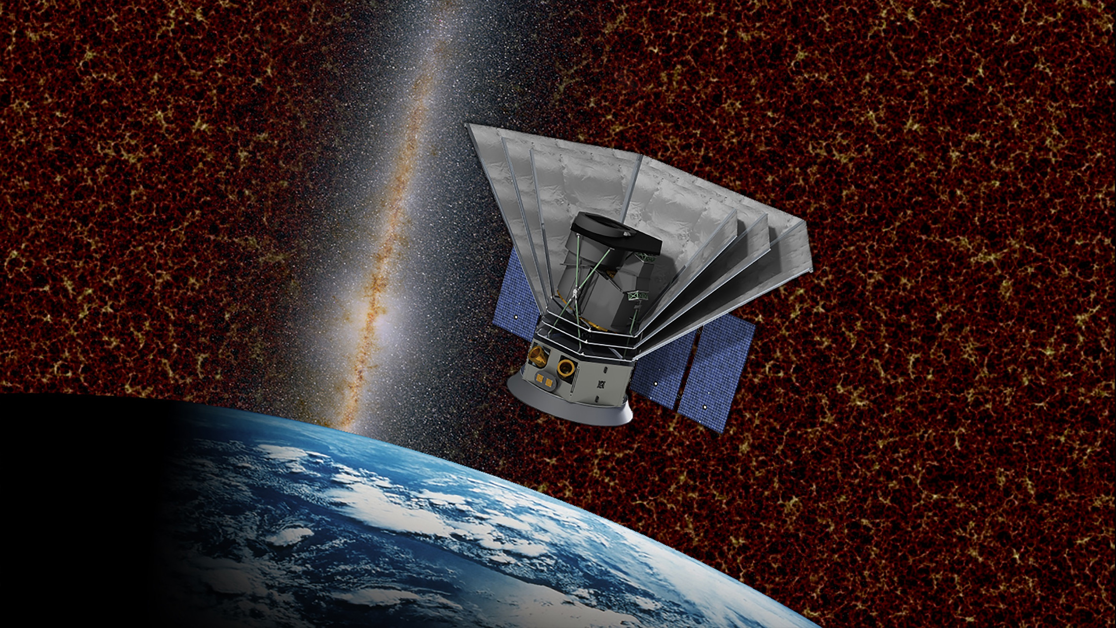 Vue d'artiste du satellite SPHEREx de la Nasa qui sera lancé en 2023. Son objectif est d'explorer les origines de l'univers et de la vie. © Nasa, Caltech