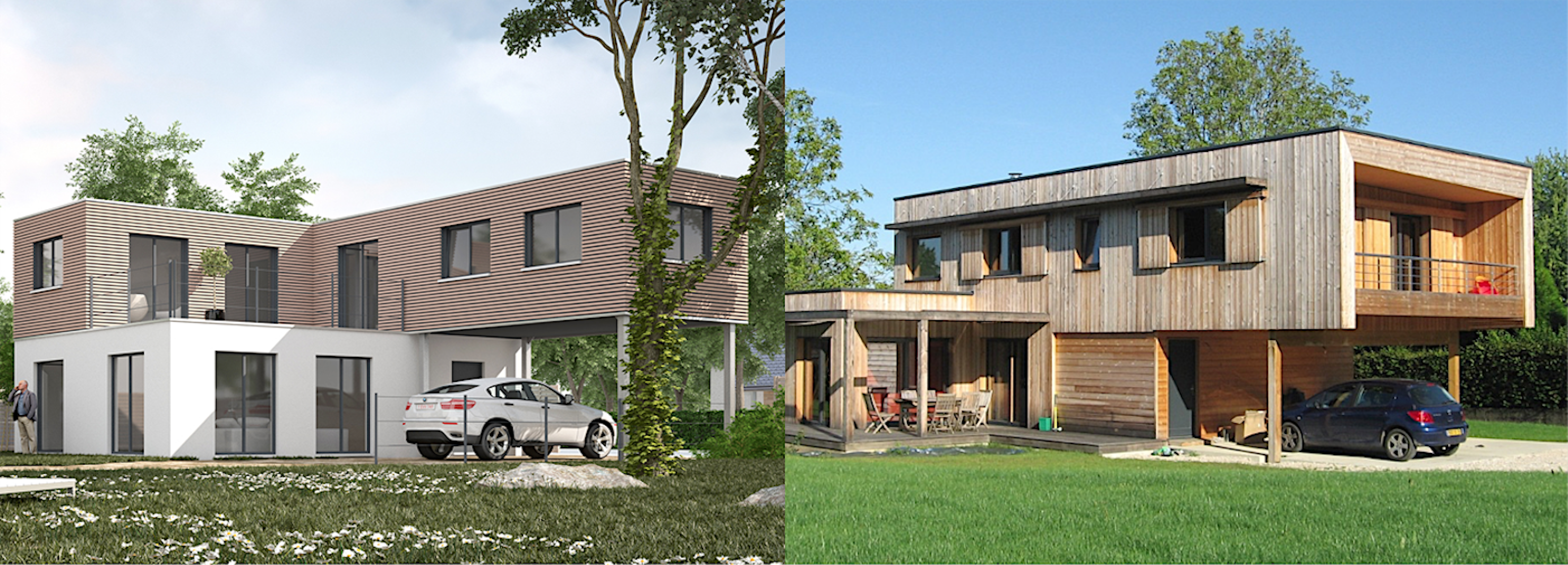 Maison modulaire « California » de Modulart, à gauche ; maison bioclimatique de Arborès Architecture, à droite. © Modulart, Arborès Architecture