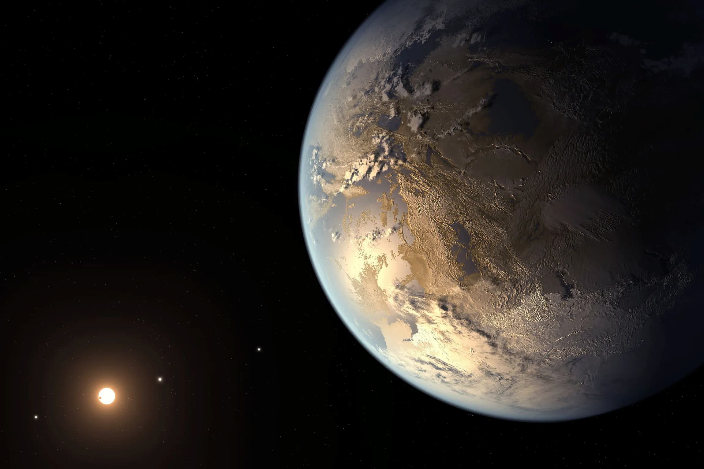 Impression d'artiste de l'exoplanète rocheuse Kepler-186f, située dans la zone habitable de son étoile. © Nasa