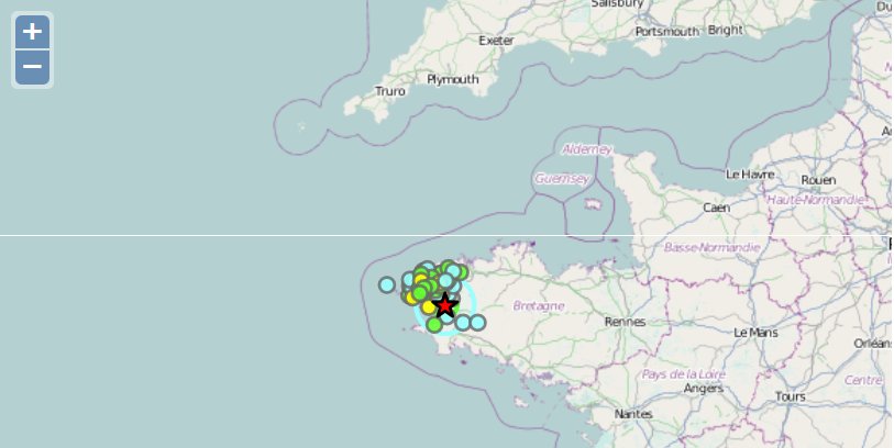Dans la nuit du 11 au 12 décembre, deux séismes de faible magnitude sont survenus dans le Finistère. La secousse a aussi atteint Internet... L'information circule sur les réseaux sociaux&nbsp;et les témoignages arrivent au&nbsp;Bureau central sismologique français, à Strasbourg, qui en dresse la cartographie et la publie sur le site France Séisme.fr.&nbsp; © BCSF,&nbsp;France Séisme