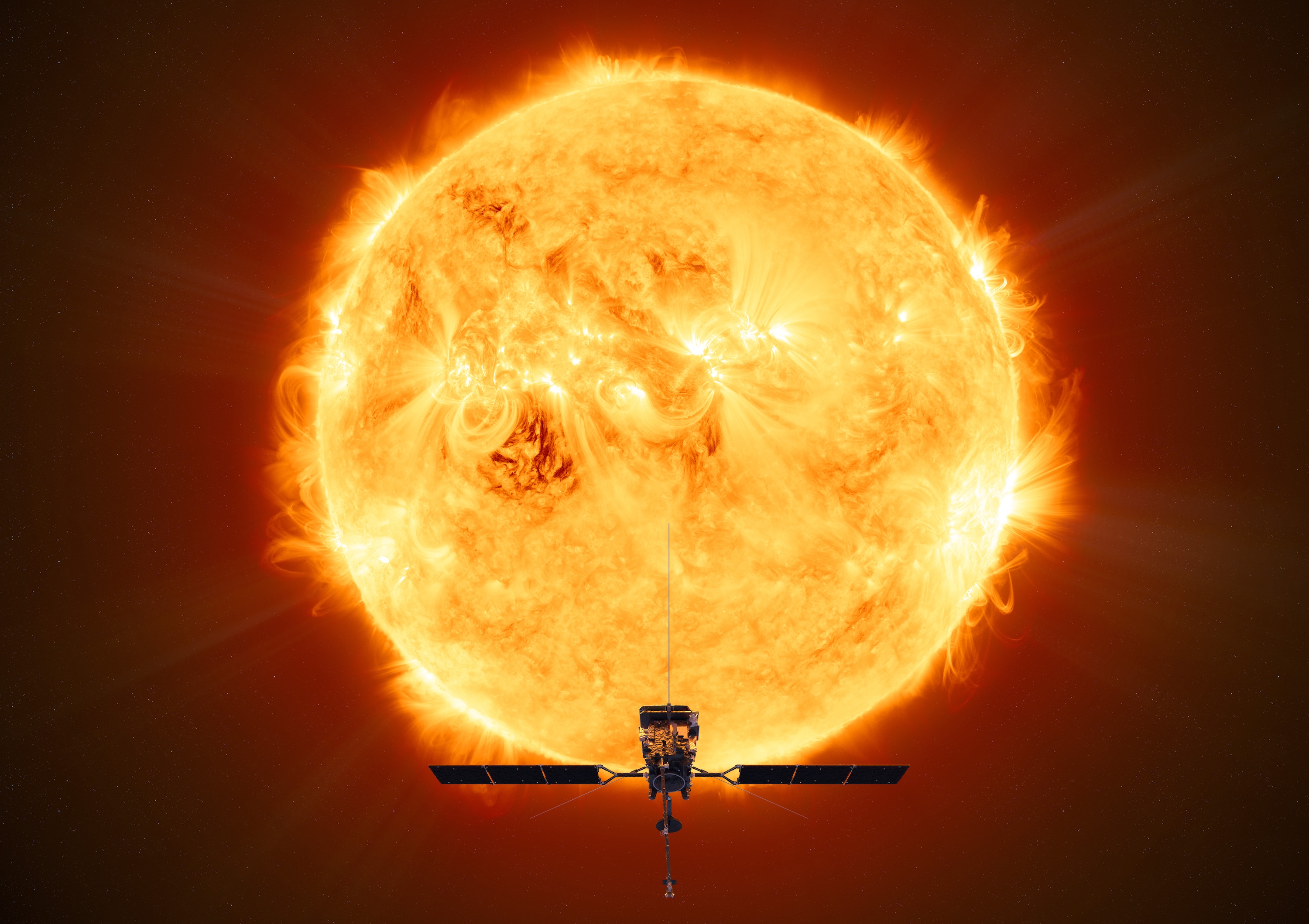 Illustration de la sonde Solar Orbiter (ESA) devant le Soleil. © ESA, ATG medialab