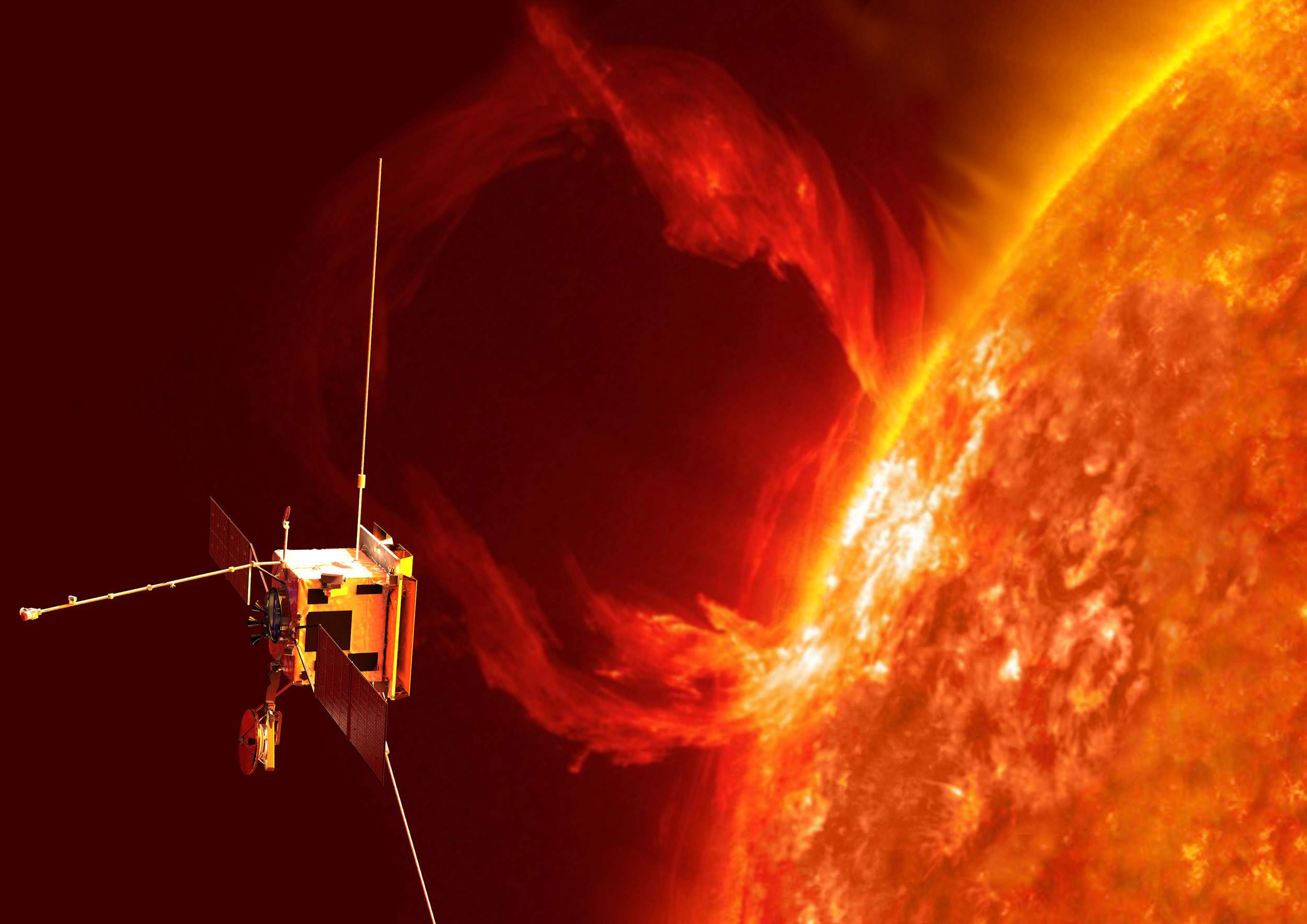Vue d'artiste de Solar Orbiter. À ce jour, le record de distance à proximité du Soleil est détenu par la sonde Helios (Nasa) qui s’en était approché à 43,5 millions de km en avril 1976. Même si elle le dépasse, celui de Solar Orbiter ne tiendra pas longtemps. Le record sera en effet pulvérisé en 2024 par Solar Probe Plus de la Nasa, laquelle devrait s’en approcher à seulement 6,3 millions de km ! © ESA, AOES 