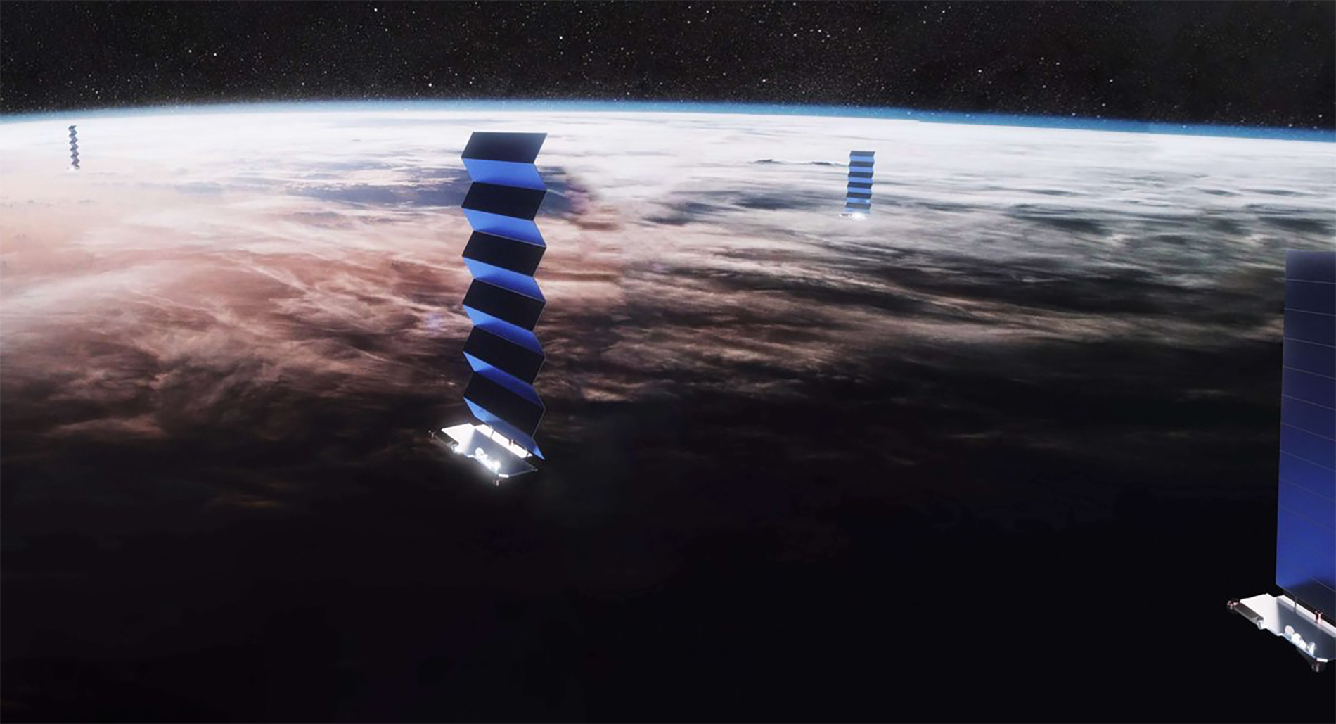 Starlink est une mégaconstellation de satellites de la société SpaceX qui, à terme, pourrait compter jusqu’à 42.000 satellite. Vue d'artiste d'un des satellites de la constellation Starlink. © SpaceX