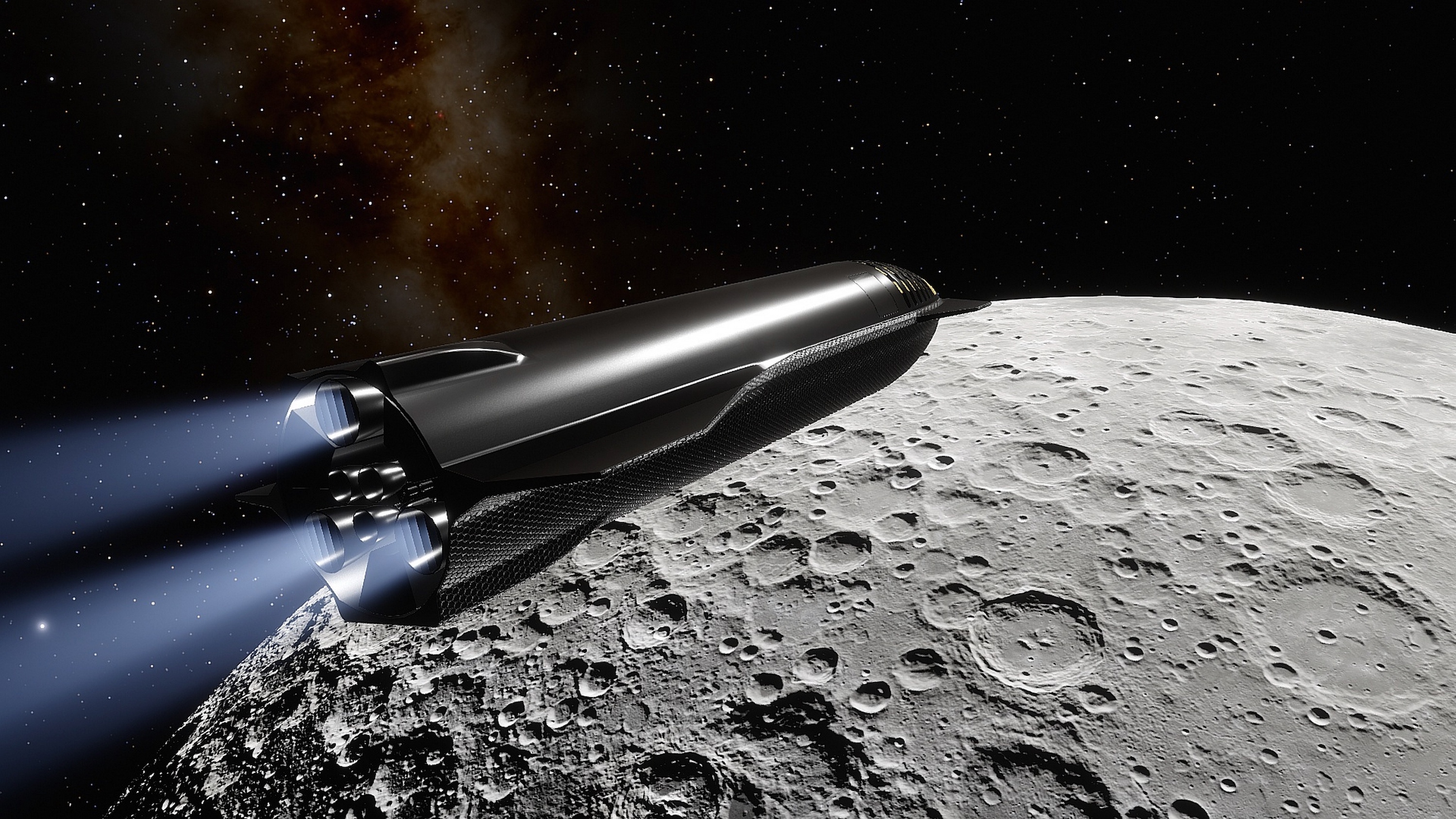 Illustration d'un Starship volant vers la Lune. © Aleksandr, Adobe Stock