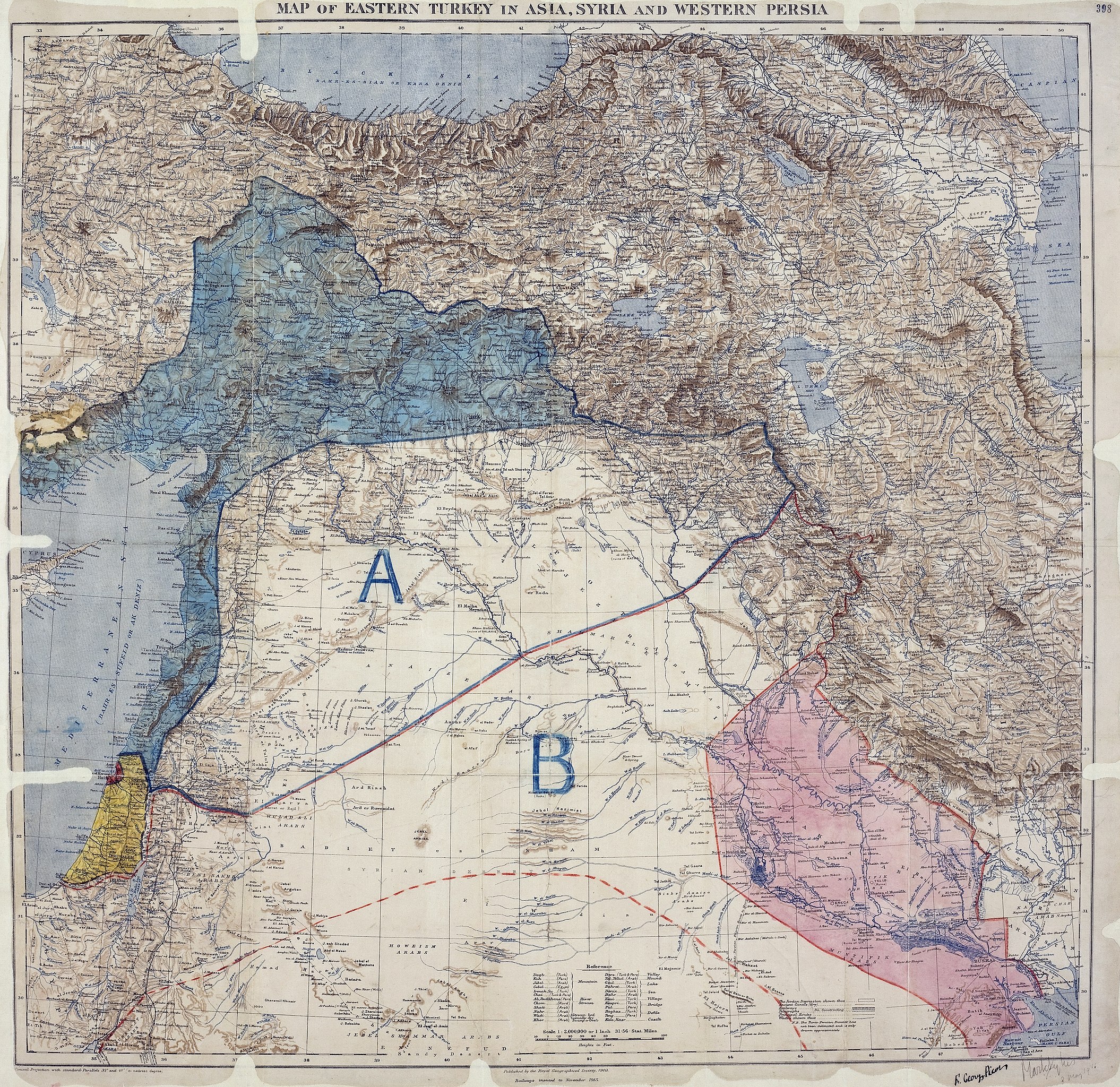 Carte des Accords Sykes-Picot montrant la Turquie orientale en Asie, Syrie et Perse occidentale, ainsi que les zones de contrôle et d'influence convenues entre la France et le Royaume-Uni. Royal Geographical Society, 1910-15. Signés par Mark Sykes et François Georges-Picot, le 8 Mai 1916. © Wikimédia Commons, domaine public