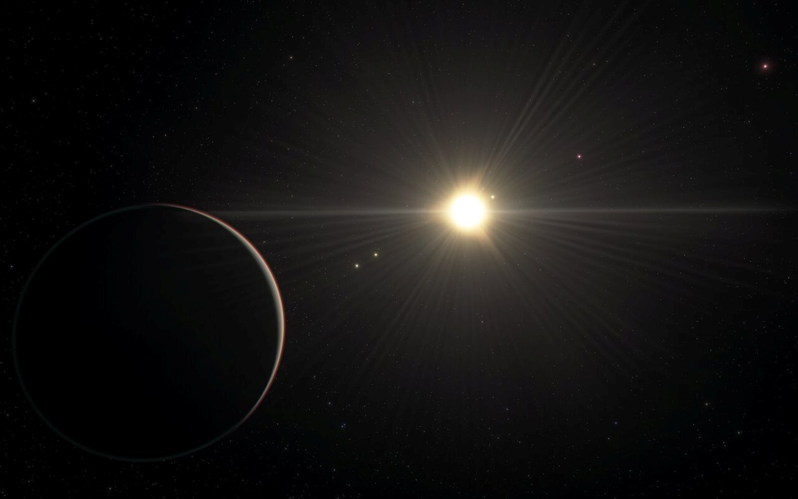 Cette vue d’artiste représente la vue du système TOI-178 depuis la planète la plus éloignée. Elle se base sur notre connaissance des paramètres physiques des planètes et de l’étoile observées, et utilise une base de données étendue des objets de l’Univers. © ESO/L. Calçada