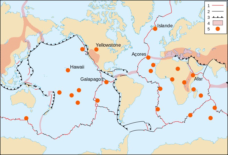 Sur cette carte du monde montrant les principales plaques tectoniques, les dorsales océaniques sont indiquées par des traits rouges. Les lignes noires arborées de petits triangles révèlent la position des zones de subduction. Enfin, les gros points rouges correspondent à des points chauds. © Eric Gaba, Wikimedia Commons, DP