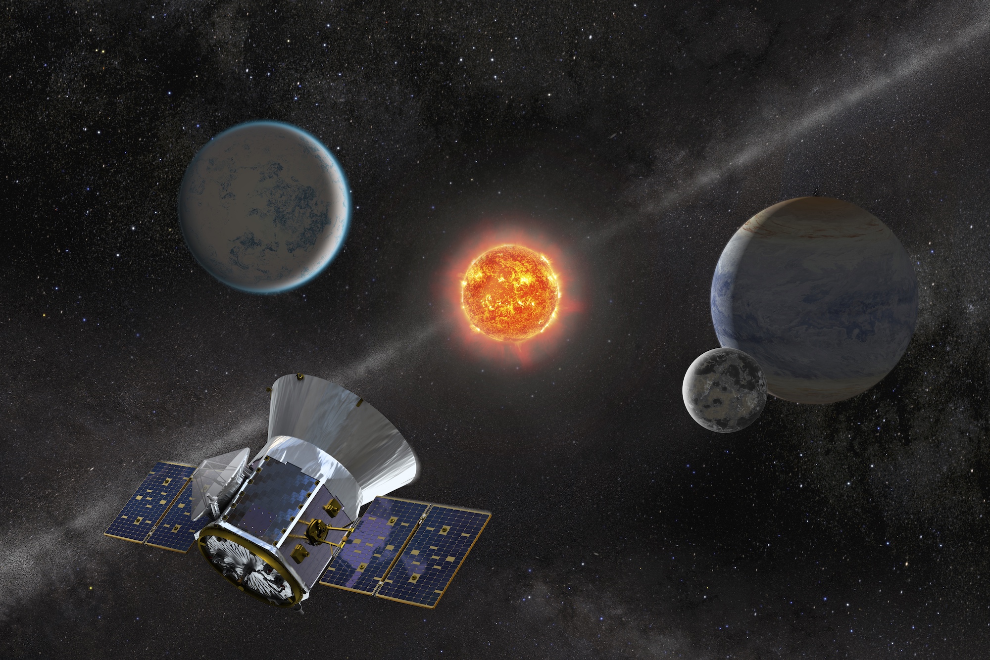 Illustration du satellite Tess devant un système planétaire. © Nasa, GSFC