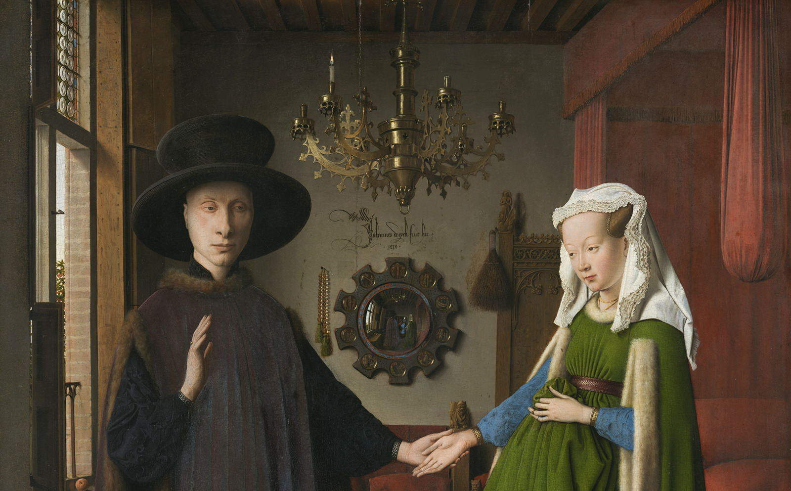 Jan van Eyck, Les Époux Arnolfini, 1434, huile sur panneau de chêne, 82,2 × 60 cm, National Gallery, Londres. Wikipédia 