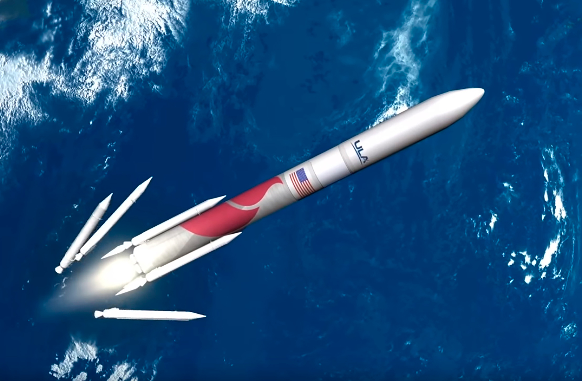 Vulcan, le futur lanceur lourd d'ULA dont la mise en service est prévue en mai 2023. Ce lanceur sera décliné en deux versions qui se différencieront par le nombre de boosters d'appoint (quatre pour l'une, six pour l'autre) et le diamètre de la coiffe (quatre et cinq mètres). © ULA