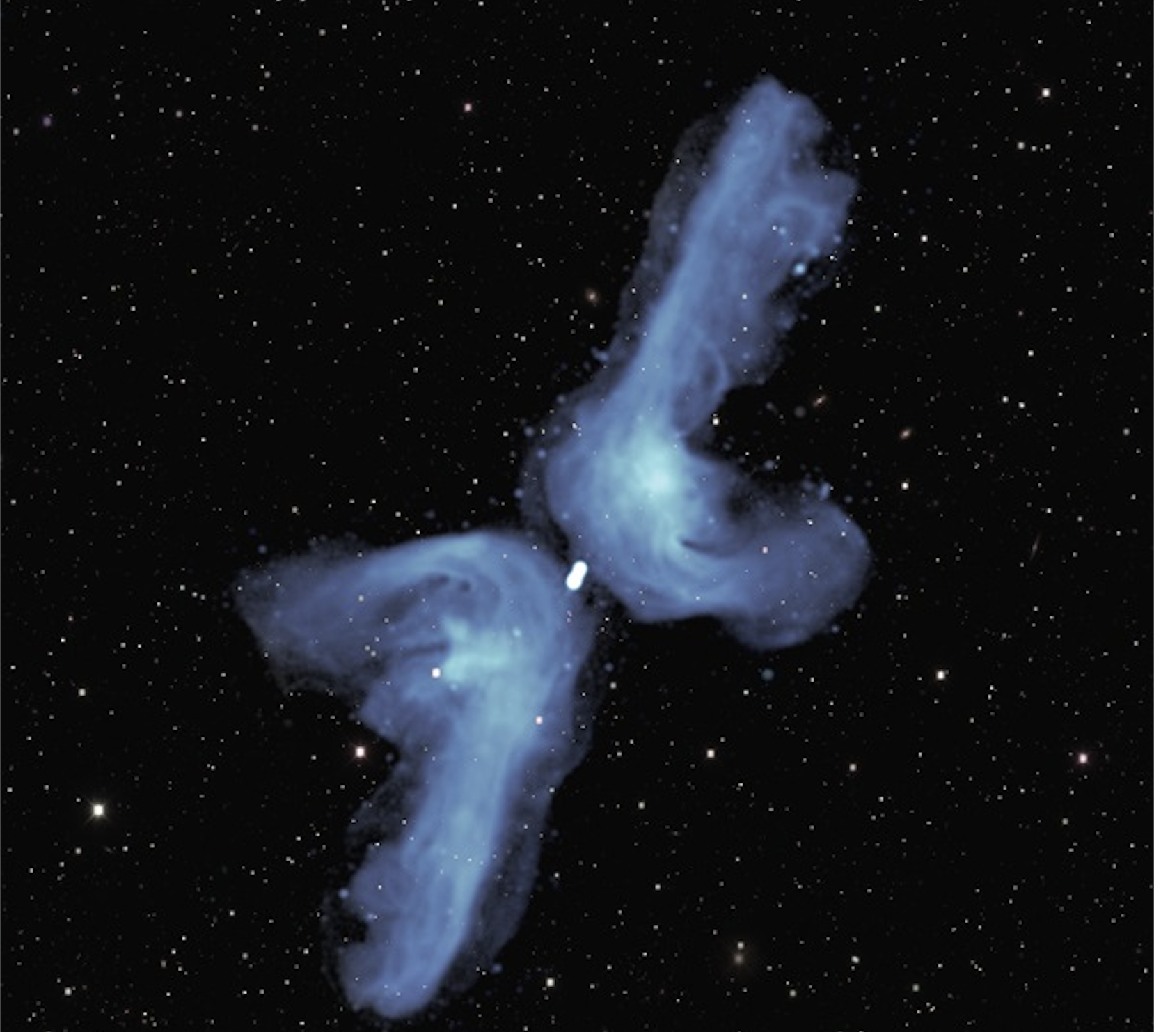 L'étrange galaxie PKS 2014-55 en forme de boomerang a des jets radio qui semblent courbes, plutôt que droits. © NRAO/AUI/NSF, Sarao, DES