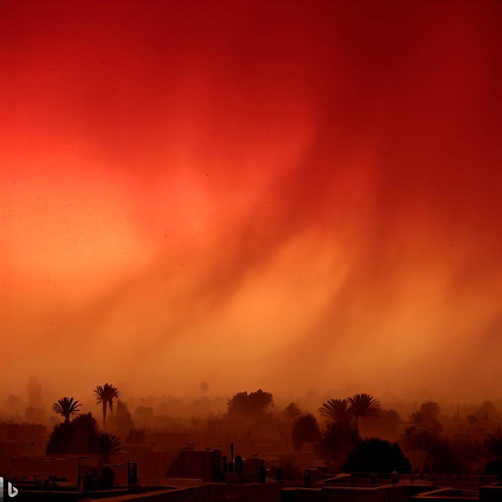  La tempête de sable a provoqué une ambiance rouge digne d'un film d'apocalypse sur des villes bondées de touristes, comme Marrakech. © Karine Durand, image Bing