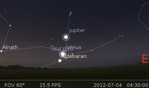 Le 04/07/2012 : Vénus traverse l'amas ouvert des Hyades. ©