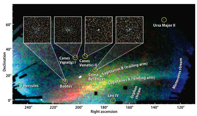 Les galaxies naines découvertes récemment par le SDSS (Crédit : Vasily Belokurov, SDSS-II, Astronomy magazine, Kalmbach Publishing Co).
