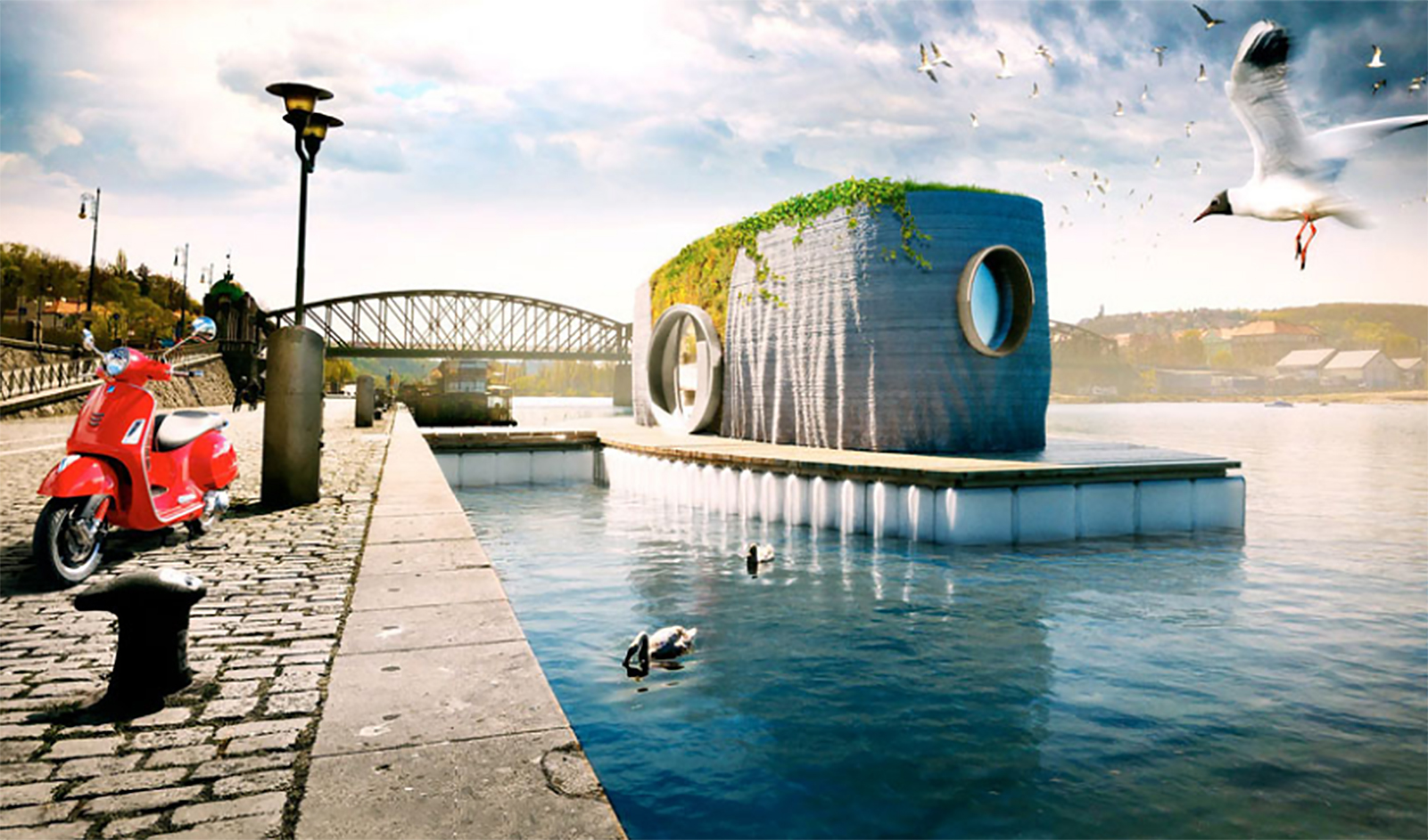 Le prototype de la maison flottante, imprimée en 3D, sera exposée, cet été, à Prague sur la rivière Vltava. © Michal Trpak, studio Scoolpt 