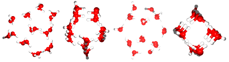 Isomères de (H2O)20, des amas de molécules d'eau pouvant former des cages moléculaires. Crédit : William R. Wiley,  Environmental Molecular Sciences Laboratory