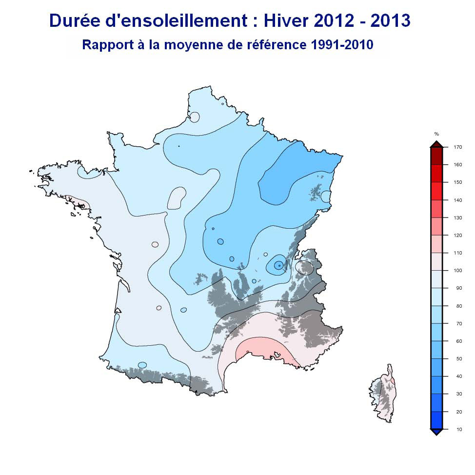 Durée d'ensoleillement durant l'hiver 2012-2013. Le taux est calculé par rapport à la moyenne de référence 1991-2010. © Météo-France
