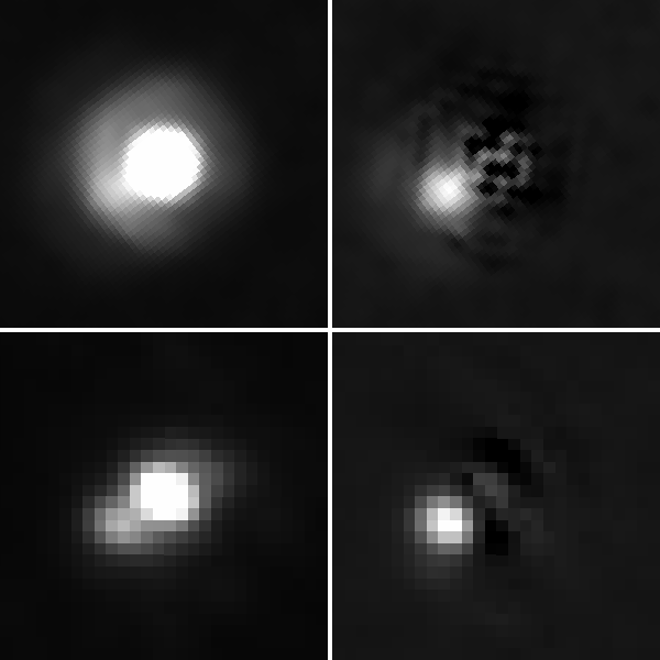 En haut, des images du système de 2M J044144 prises par Hubble et en bas celles prises par le télescope au sol de Gemini à Hawaï. Dans les deux cas, la seconde image montre plus clairement le compagnon de la naine brune, plus brillante dans la première image et qu'on a enlevé en traitant l'image. Crédit : (en haut) Nasa, Esa, K. Todorov, K. Luhman (Pennsylvania State University); (en bas) Gemini Observatory/Aura/K. Todorov, K. Luhman (Pennsylvania State University)