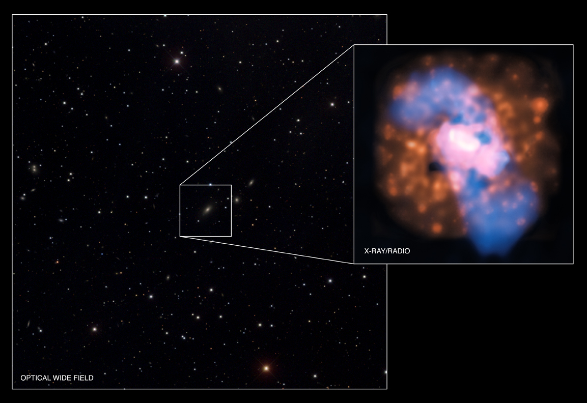 4C +00.58 dans le visible sur cette image du SDSS et un agrandissement montrant les images composites du VLA et de Chandra. Crédits : rayon x : NASA CXC UMD Hodges-Kluck et al. ; radio : NSF NRAO VLA UMD Hodges-Kluck et al. ; visible (SDSS)