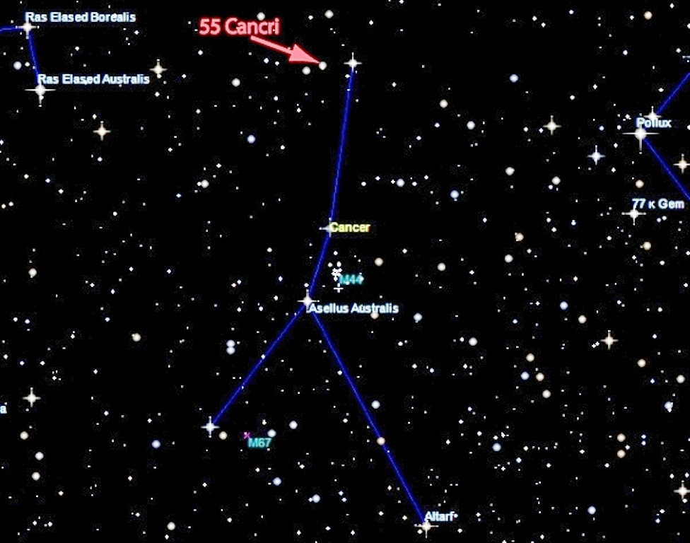 Carte du ciel montrant la planète 55 Cancri e dans la constellation du Cancer. Son étoile hôte est visible à l'œil nu, mais mieux avec des jumelles. © Image par Nikku Madhusudhan, Yale Univ. (créée avec Sky Map)